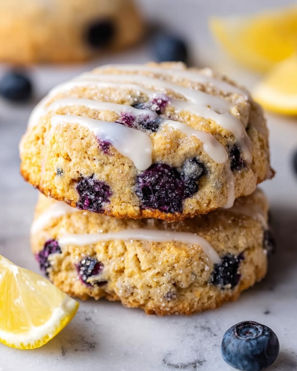 The image shows a stack of two blueberry scones with a golden brown, crumbly crust, dotted with dark purple blueberries throughout each scone. The top scone is drizzled with thin white icing lines. The scones rest directly on a white marbled surface, with scattered blueberries and a lemon wedge nearby, adding bright pops of blue and yellow color. The texture of the scones looks soft inside and crisp on the outside, with visible bits of sugar on top adding a sparkling effect. photo taken with an iphone --ar 4:5 --v 7