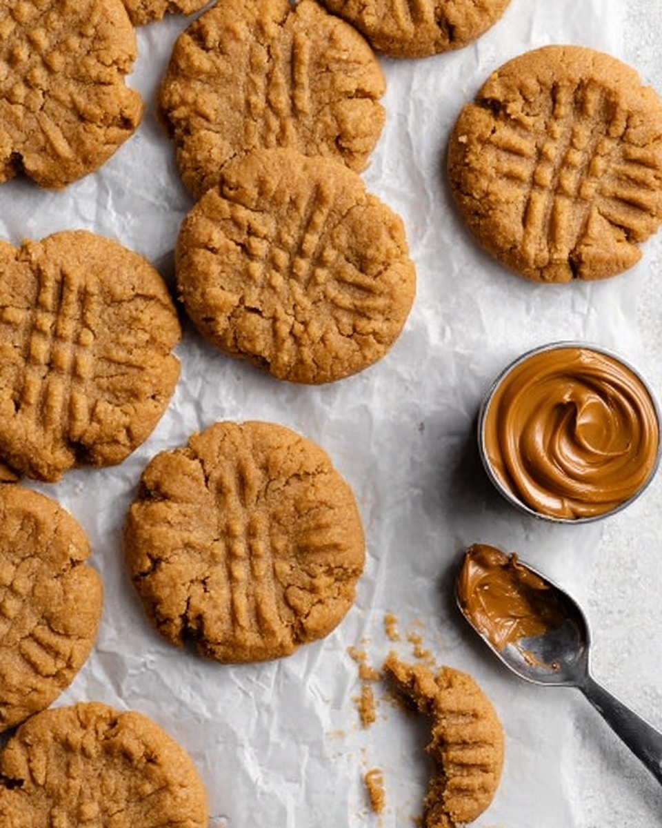 The image shows several peanut butter cookies arranged on a white marbled surface with a white parchment paper underneath them. The cookies are golden brown with a crisscross fork pattern on top, showing a slightly rough and crumbly texture. In the center, there is a round white dish filled with creamy peanut butter that has a smooth, swirled top. To the right, there is a metal cookie scoop resting on the parchment. The overall feel is warm and rustic with the cookies close together in a casual arrangement. Photo taken with an iphone --ar 4:5 --v 7