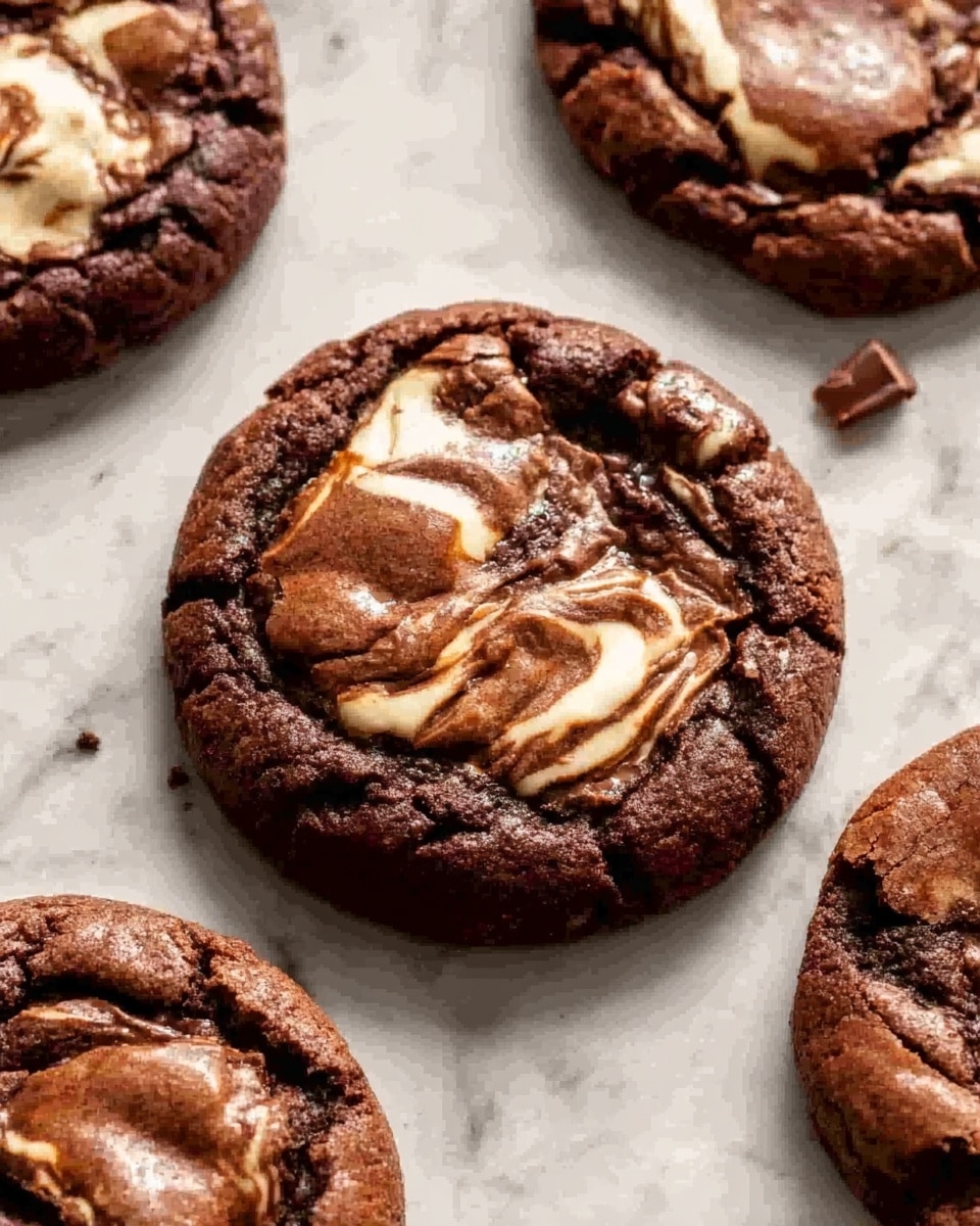 The image shows several round chocolate cookies on a white marbled surface. Each cookie is thick with a dark brown, rich chocolate base. Swirls of melted chocolate and chunks of chocolate are scattered on top, giving a textured, glossy look. The cookies appear soft and slightly cracked on the edges, with some shiny chocolate bits melting on the surface. Photo taken with an iphone --ar 4:5 --v 7