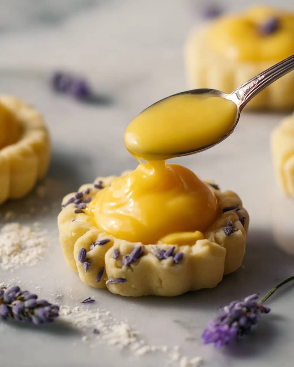 A small round tart with two visible layers sits on a white marbled surface. The bottom layer is a soft, pale yellow dough mixed with small purple lavender buds, giving a rough, homemade texture. The top layer is a smooth, glossy yellow custard filling, sitting in the center of the dough base. A metal spoon is above the tart, dripping a dollop of the same yellow custard onto it. Around the tart, there are small sprigs of fresh purple lavender and some scattered white flour on the surface. Photo taken with an iphone --ar 4:5 --v 7