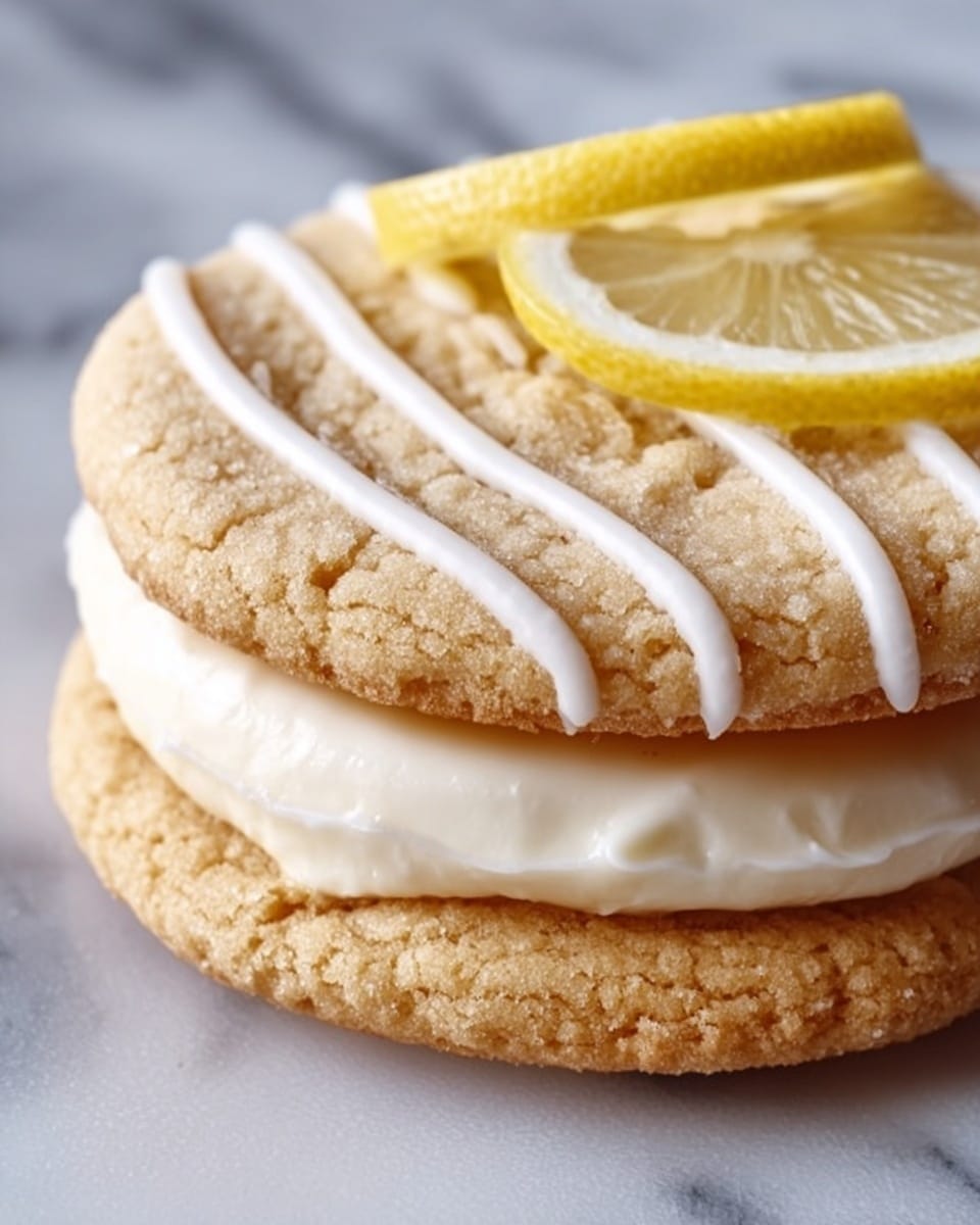 The image shows a two-layer lemon cookie sandwich on a white marbled surface. The bottom layer is a light golden brown cookie with a rough, slightly cracked texture. On top of this is a thick, smooth white cream filling that spreads evenly and slightly beyond the cookie edge. The top cookie layer matches the bottom in color and texture, sitting neatly on the cream. Thin white icing lines are drizzled across the top cookie in parallel lines. Two bright yellow lemon slices with a juicy, translucent look rest at the center of the top cookie. Photo taken with an iphone --ar 4:5 --v 7