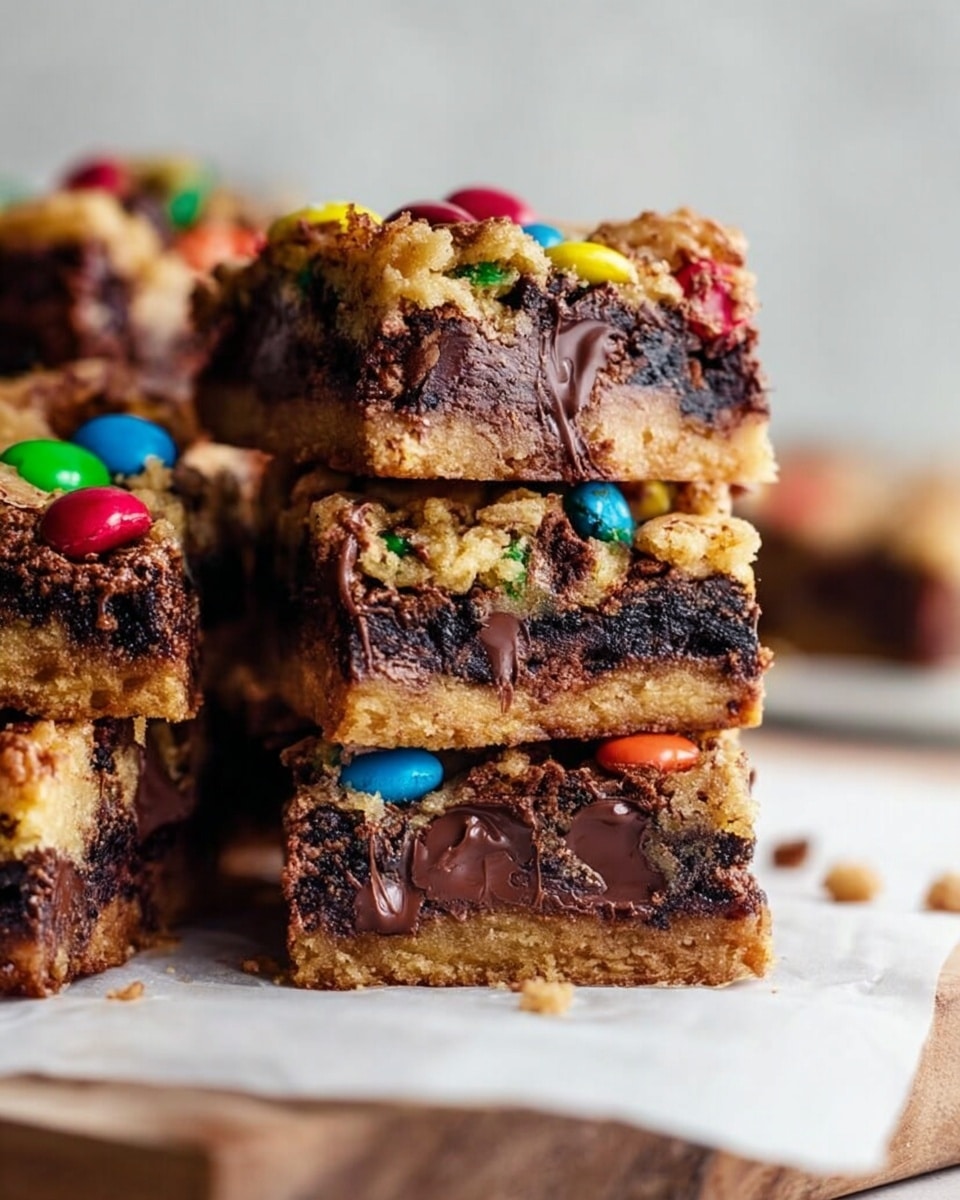 The image shows a stack of thick, square dessert bars on a white marbled surface. Each bar has two clear layers: a dark, fudgy chocolate base that looks moist and dense, and a lighter, crumbly top layer with colorful candy-coated chocolates embedded throughout. The candies are red, green, yellow, and blue, adding bright spots of color to the mostly brown and golden bars. Some bars are placed horizontally, while others rest on their sides, revealing the layers and texture inside. The background is softly blurred with a neutral, light tone. photo taken with an iphone --ar 4:5 --v 7