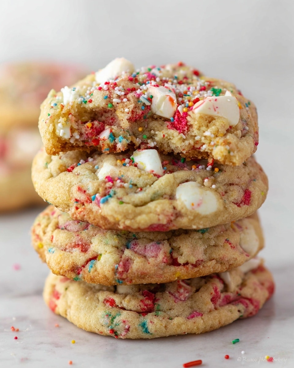 A stack of four soft cookies is shown on a white marbled surface, each cookie thick and chunky with a light beige dough filled with colorful small round sprinkles in red, blue, green, orange, pink, and purple. The top cookie has pieces of white marshmallow embedded on its surface, some cracked and partly melted into the dough. The cookies have a slightly rough and chewy texture with a gentle golden edge visible on the bottom cookie. The background is blurred and light, highlighting the vibrant sprinkles and soft texture of the cookies. photo taken with an iphone --ar 4:5 --v 7