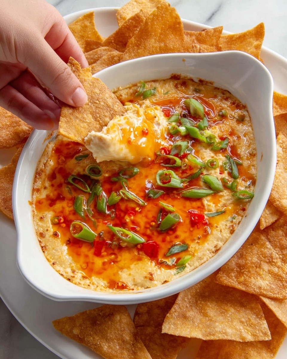 The image shows a close-up of a white oval dish filled with a two-layer dip. The bottom layer is creamy white with a smooth texture, while the top layer is bright orange with a shiny glaze, dotted with small red chili flakes and chopped green onions. The dish is placed on a white plate, surrounded by golden-brown, crispy triangular chips, some also sprinkled with green onions. A woman's hand is holding one chip and dipping it into the creamy layer, showing the softness of the dip contrasting with the chip's crispiness. The background is a white marbled surface. photo taken with an iphone --ar 4:5 --v 7