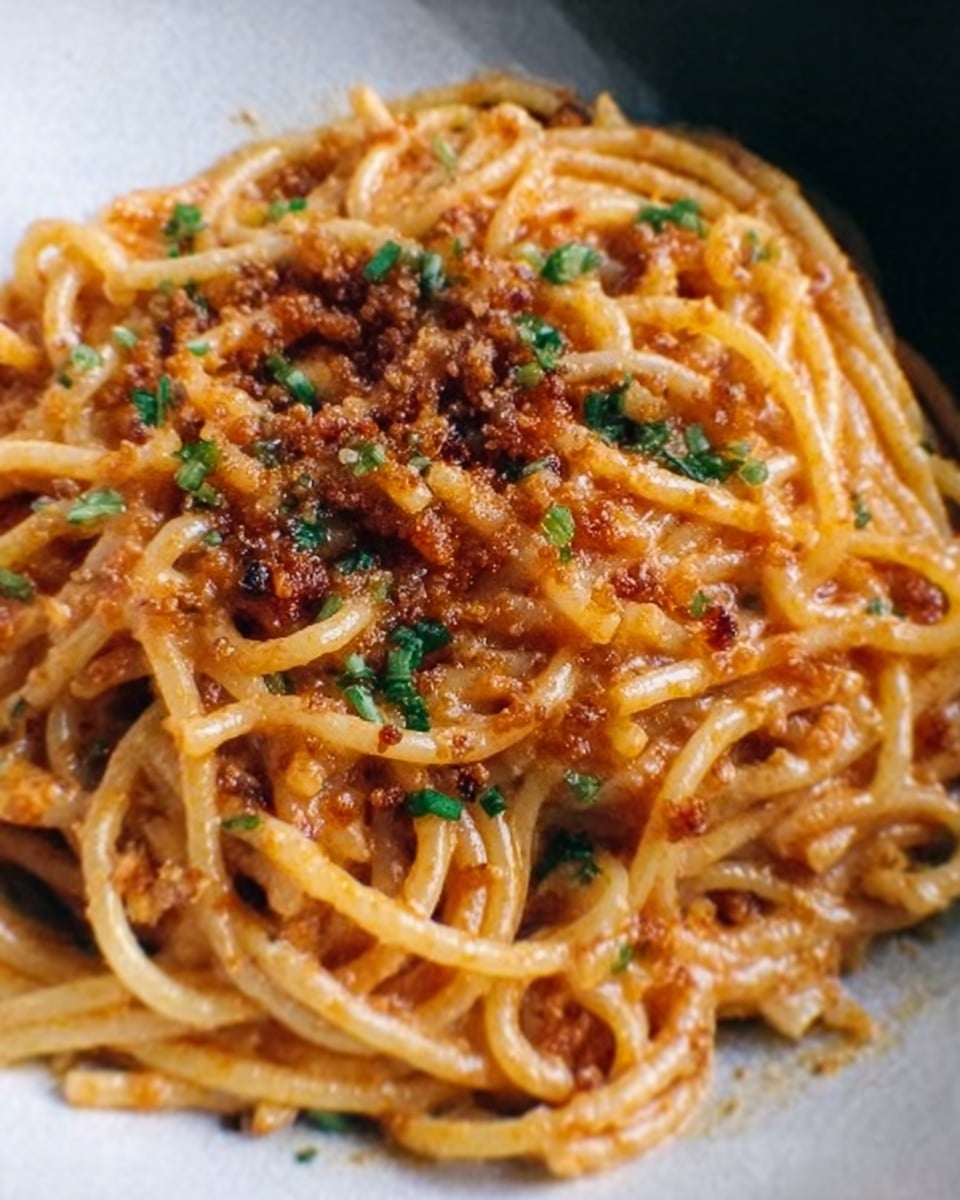 A close-up view of a plate of spaghetti pasta coated in a rich, creamy tomato sauce with a reddish-orange color, garnished with small bits of green herbs and bits of crumbly brown topping scattered evenly on the top, showing a slight shine from the sauce. The pasta strands are twisted and layered, filling the white plate fully, sitting on a white marbled textured surface. The dish looks warm and freshly served, photo taken with an iphone --ar 4:5 --v 7
