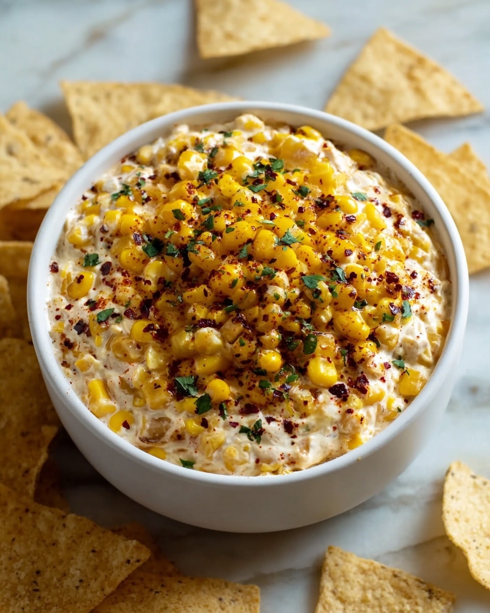 A white bowl filled with a creamy dip that shows two clear layers: the bottom is a thick, white creamy base mixed with small bits, while the top layer is a bright yellow corn kernel topping spread evenly across, sprinkled with red spices and small green herb pieces. The bowl sits surrounded by large, pale yellow tortilla chips on a white marbled surface. photo taken with an iphone --ar 4:5 --v 7