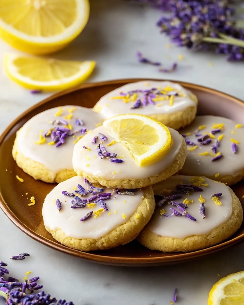 A round stack of seven light yellow cookies sits on a white plate, each cookie topped with a smooth white icing layer. Most cookies are sprinkled with small purple lavender buds and thin yellow lemon zest, while the top cookie also has a thin slice of lemon underneath the icing, showing its bright yellow rind and pale translucent interior. The cookies have a slightly cracked texture along the edges. Around the plate on a white marbled surface are dried lemon slices and purple lavender sprigs, adding a natural decorative touch. Photo taken with an iphone --ar 4:5 --v 7