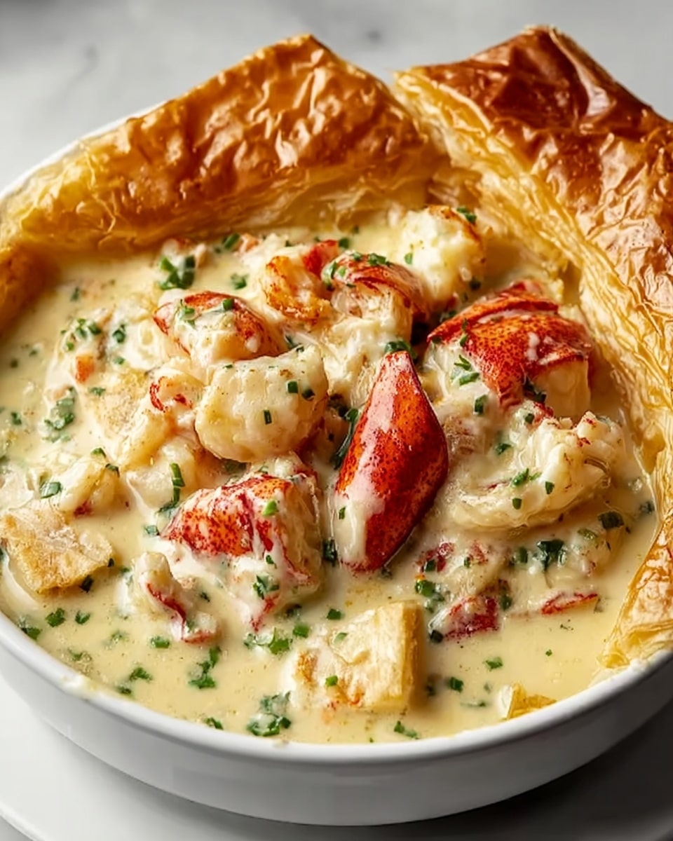 A white bowl filled with a creamy, pale yellow sauce with small green herb pieces mixed in. Large chunks of bright red and white lobster meat sit on top and within the sauce. Resting on the rim of the bowl is a thick, golden-brown, puff pastry square that looks flaky and crisp with a shiny, slightly textured surface. The background is a white marbled surface. photo taken with an iphone --ar 4:5 --v 7