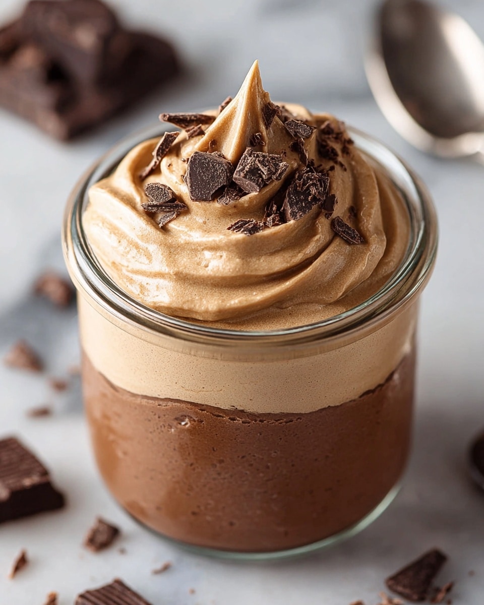 A clear glass jar filled with two visible layers of dessert placed on a white marbled surface; the bottom layer is a smooth, dense chocolate mousse in a light brown color, while the top layer is a lighter, whipped creamy mousse with a beige color and soft swirls. On top of the creamy layer, there are several chunks of dark chocolate scattered unevenly, adding texture and a rich dark brown color contrast. The background is softly blurred, focusing attention on the jar and its contents. Photo taken with an iphone --ar 4:5 --v 7