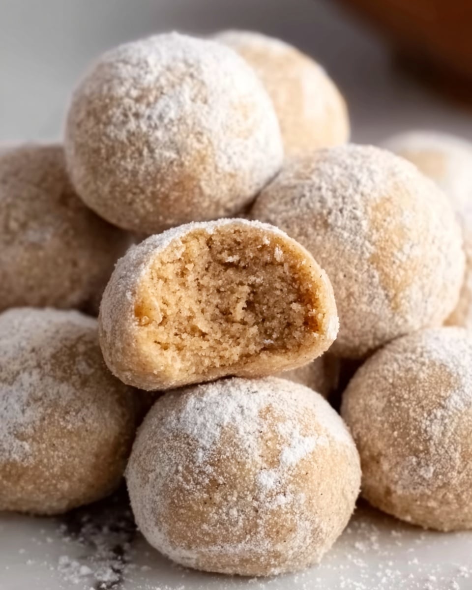 The image shows a group of round, light brown dough balls coated with granulated sugar, stacked closely together on a white marbled surface. One ball in the center is slightly bitten, revealing a soft and crumbly interior with a warm beige color. The texture of the dough looks slightly grainy on the outside due to the sugar coating. The lighting highlights the sugar crystals, giving them a sparkling effect. The photo appears bright and clear, with a shallow depth of field that softly blurs the background, focusing the viewer’s attention on the dough balls. photo taken with an iphone --ar 4:5 --v 7