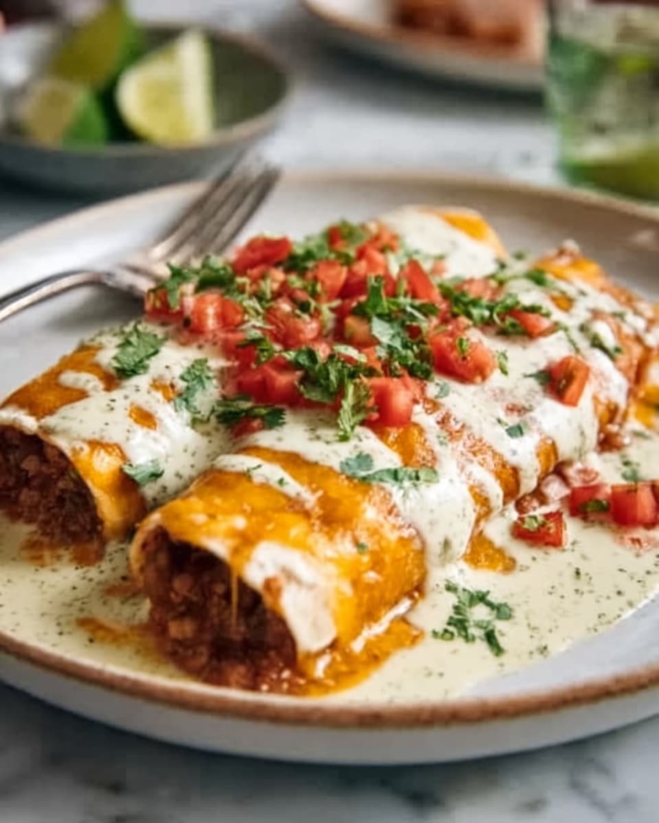 Two rolled tortillas filled with red meat mix are placed side by side on a round white plate with small black speckles. Each tortilla is covered with a smooth layer of creamy, pale green sauce that drips slightly at the edges, topped with a generous sprinkle of melted orange cheese. Bright red diced tomatoes and small green cilantro leaves are scattered evenly over the top, adding fresh color. The plate is set on a white marbled textured surface, with a blurred background that includes a lime wedge. The photo taken with an iphone --ar 4:5 --v 7