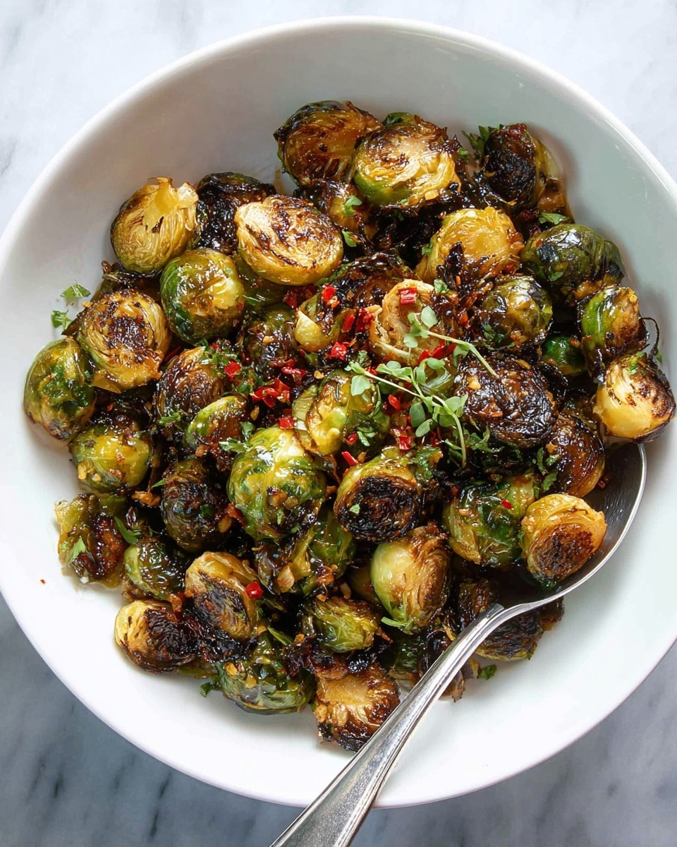 A white bowl filled with roasted Brussels sprouts, each piece showing a mix of golden-brown and dark charred edges, giving a crispy texture. The sprouts are cut in halves and quarters, showing light green and yellow shades inside, sprinkled with small bits of red chili flakes and green herbs. The dish looks glossy with a shiny coating of oil or sauce that glistens under the light. A silver spoon is placed inside the bowl on the right side, slightly buried underneath the sprouts. The bowl sits on a white marbled surface. photo taken with an iphone --ar 4:5 --v 7