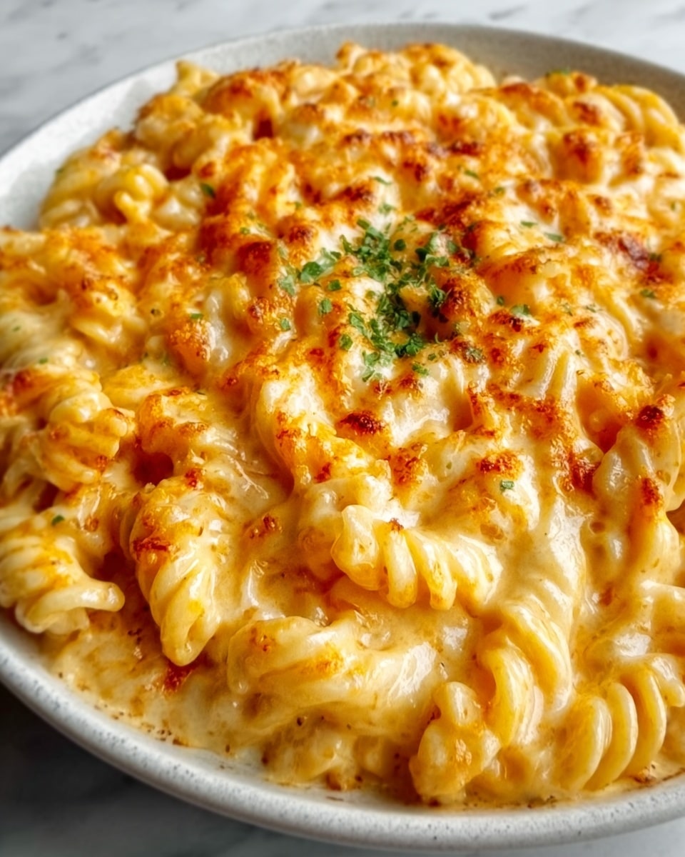 A close-up view of a creamy macaroni and cheese dish made with twisted pasta spirals coated in smooth, melted orange-yellow cheese sauce. The top layer is sprinkled with a light dusting of paprika, adding a reddish touch, and small green herb leaves sit in the center as a garnish. The food fills the frame with warm colors and creamy texture, all set against a white marbled background. Photo taken with an iphone --ar 4:5 --v 7