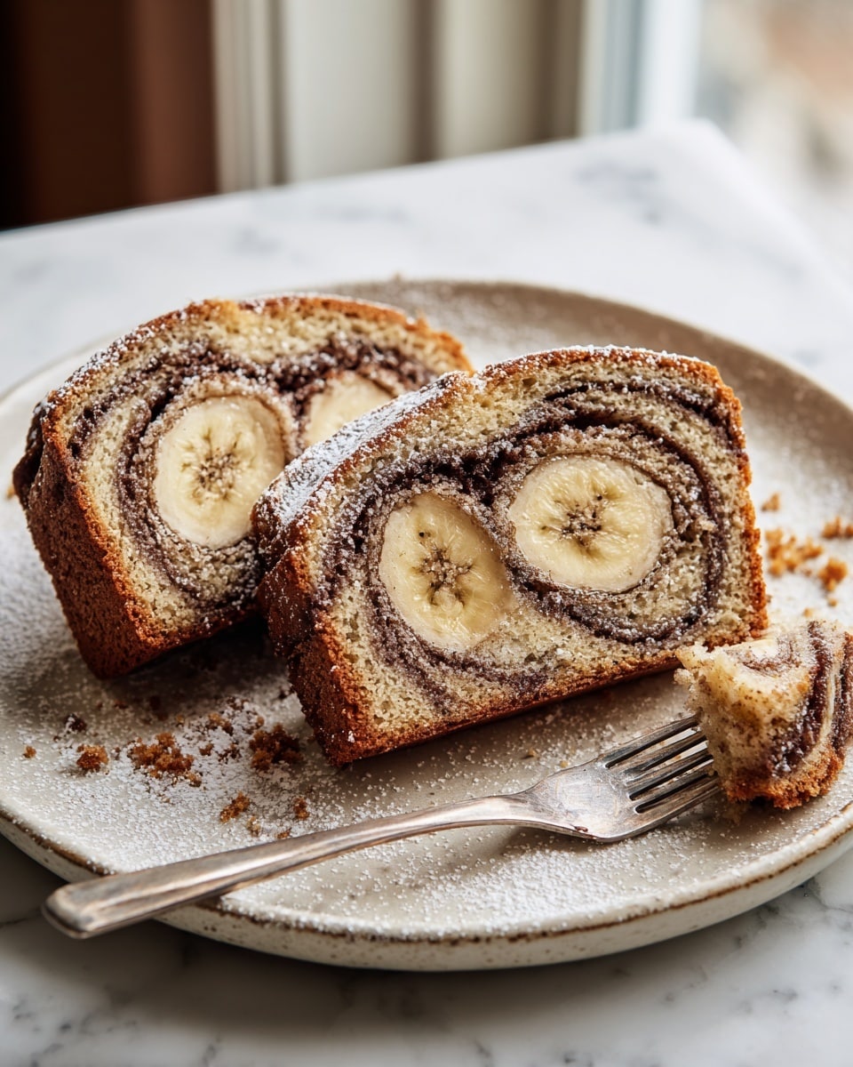 The image shows three slices of banana swirl bread on a white plate with a fork holding a small piece of the bread. Each slice has a golden brown crust with a soft beige interior, featuring a dark brown cinnamon swirl that wraps in a spiral pattern. At the center of each slice is a visible yellow banana slice with the banana's texture clear. The plate is dusted lightly with powdered sugar, and the setting is on a white marbled surface. photo taken with an iphone --ar 4:5 --v 7