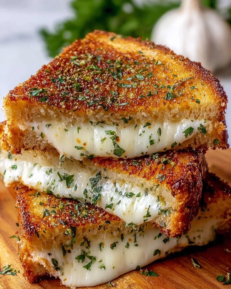 A close-up view of a grilled cheese sandwich cut into two triangular halves stacked on each other, showing three layers: the top and bottom layers are thick, golden-brown toasted bread with a crispy texture and bits of green herbs sprinkled on top, while the middle layer is melted, gooey white cheese mixed with finely chopped green herbs, stretching slightly between the bread slices. The sandwich is placed on a wooden board with a soft focus white marbled background. Photo taken with an iphone --ar 4:5 --v 7