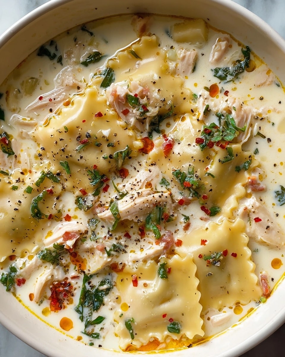 This image shows a bowl filled with creamy white soup as the base layer, topped with irregularly shaped ravioli pasta pieces in a pale yellow color floating on the surface. Small chunks of light pink chicken are scattered among the ravioli. The soup is speckled with fresh green herbs and flakes of red chili pepper, adding a mix of green and red colors that contrast with the creamy white broth. There are also drops of golden oil floating on the creamy surface, giving it a shiny texture. The bowl is white, set on a white marbled surface. photo taken with an iphone --ar 4:5 --v 7