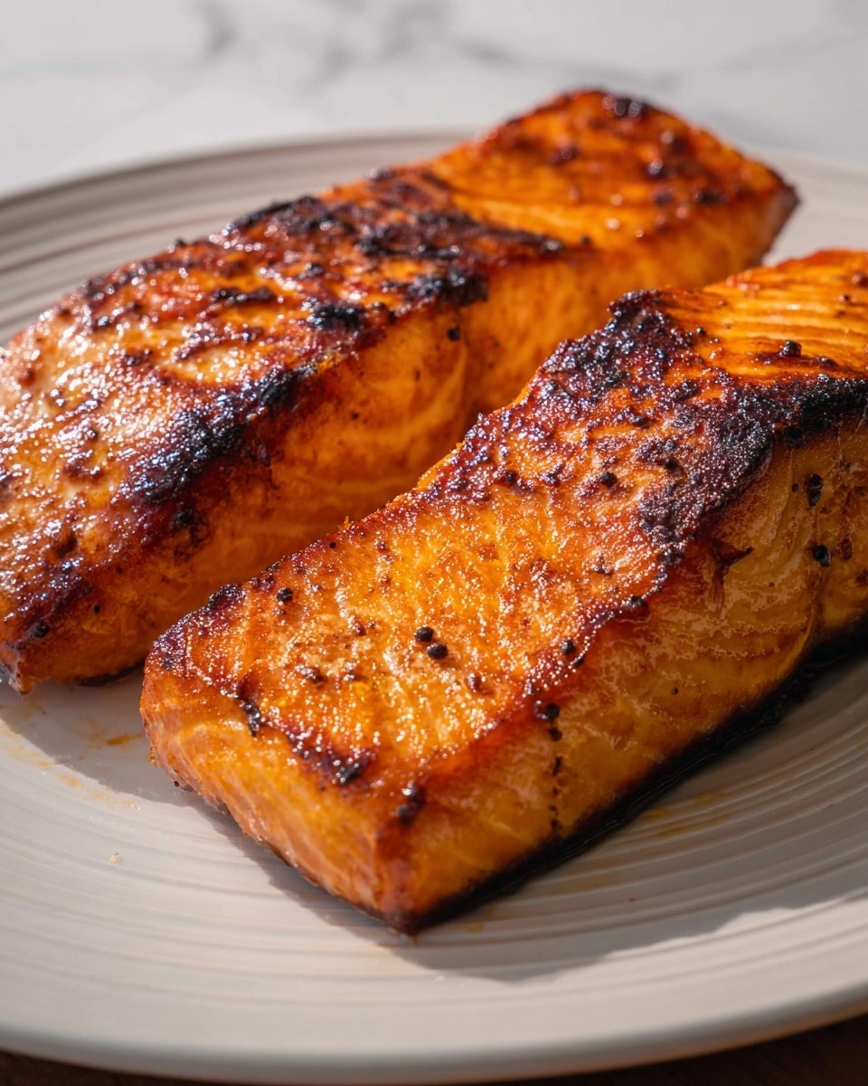 The image shows two thick pieces of cooked salmon placed side by side on a white plate. The salmon has a rich, golden-orange color with darker brown char marks and a slightly glossy texture that suggests it is well-seasoned and grilled. The surface of the fish has a crisp, caramelized look with small black specks of seasoning scattered around. The plate's rim has subtle ridges, and the background features a white marbled texture that brings out the warm tones of the salmon. photo taken with an iphone --ar 4:5 --v 7