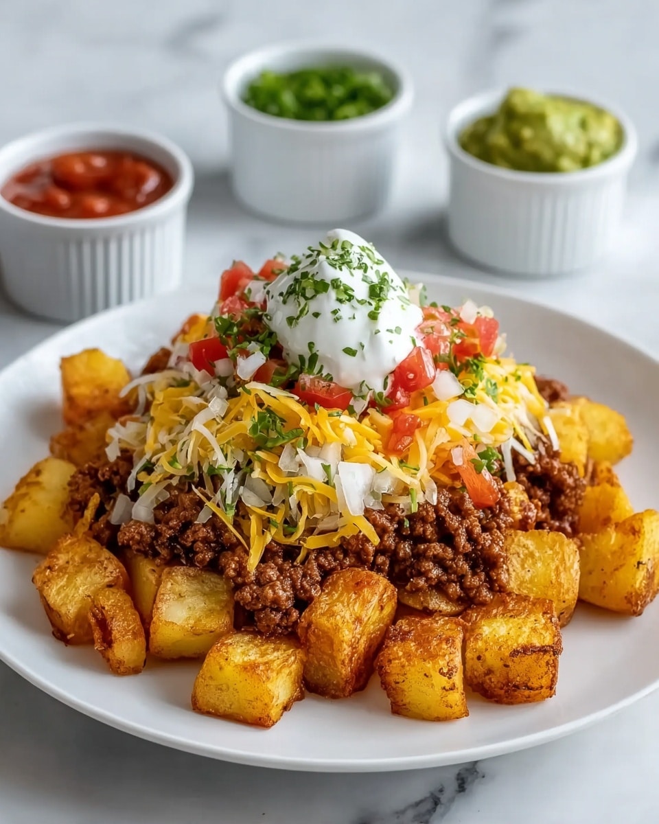 The dish is a loaded plate of diced golden brown roasted potatoes at the bottom layer, topped with a generous layer of cooked brown ground meat. Above the meat is a colorful mix of shredded yellow and white cheese, followed by a fresh layer of finely chopped red tomatoes and white onions. The top is crowned with a dollop of white sour cream sprinkled with chopped green herbs. The plate is white, placed on a white marbled textured surface, with two small white ramekins in the background – one filled with red salsa and the other with green guacamole. photo taken with an iphone --ar 4:5 --v 7