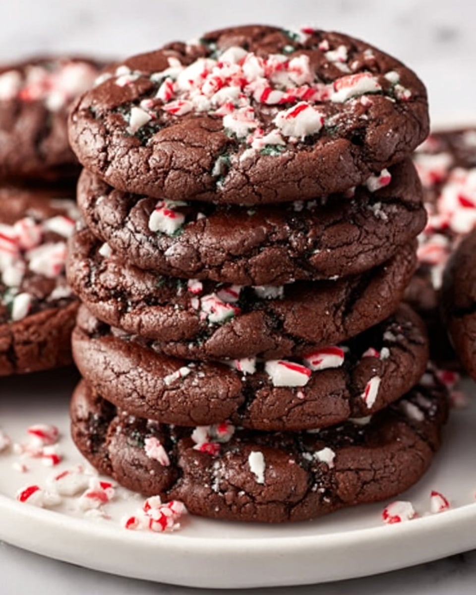 A stack of six dark brown chocolate cookies is placed on a white plate, each cookie topped with crushed white and red peppermint candy pieces. The cookies have a cracked texture on the surface, showing a soft and chewy inside. The background is a white marbled surface with part of a blurred second plate visible behind. photo taken with an iphone --ar 4:5 --v 7
