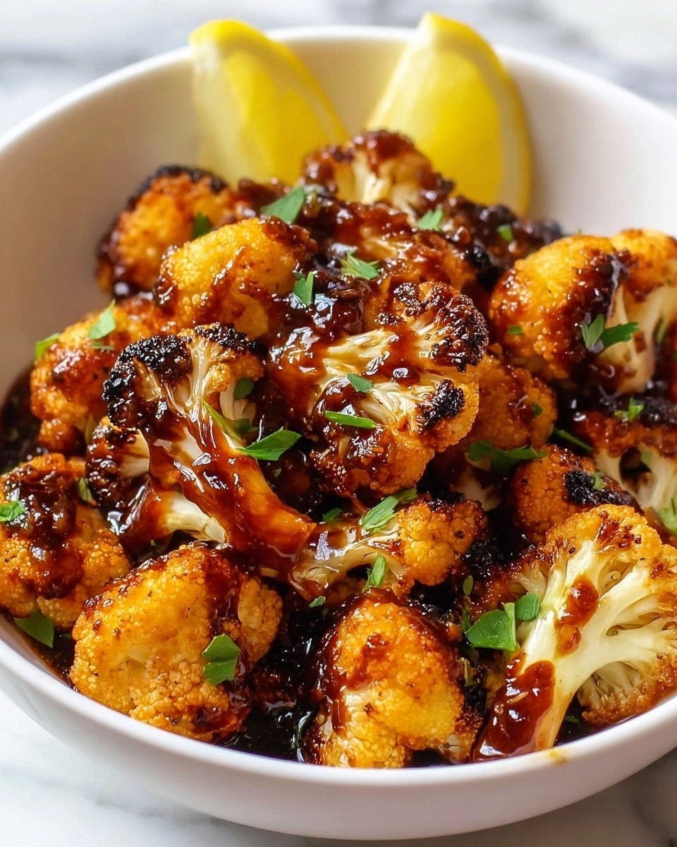 A white bowl filled with around two layers of charred cauliflower florets, each piece glazed with a shiny, thick, reddish-brown sauce that adds a sticky texture. The cauliflower has a mix of golden-brown and darker blackened spots from roasting. Small green cilantro leaves are scattered on top for a fresh touch. Two lemon wedges sit on the edges of the bowl, adding a light yellow contrast. The bowl is placed on a white marbled surface. Photo taken with an iphone --ar 4:5 --v 7