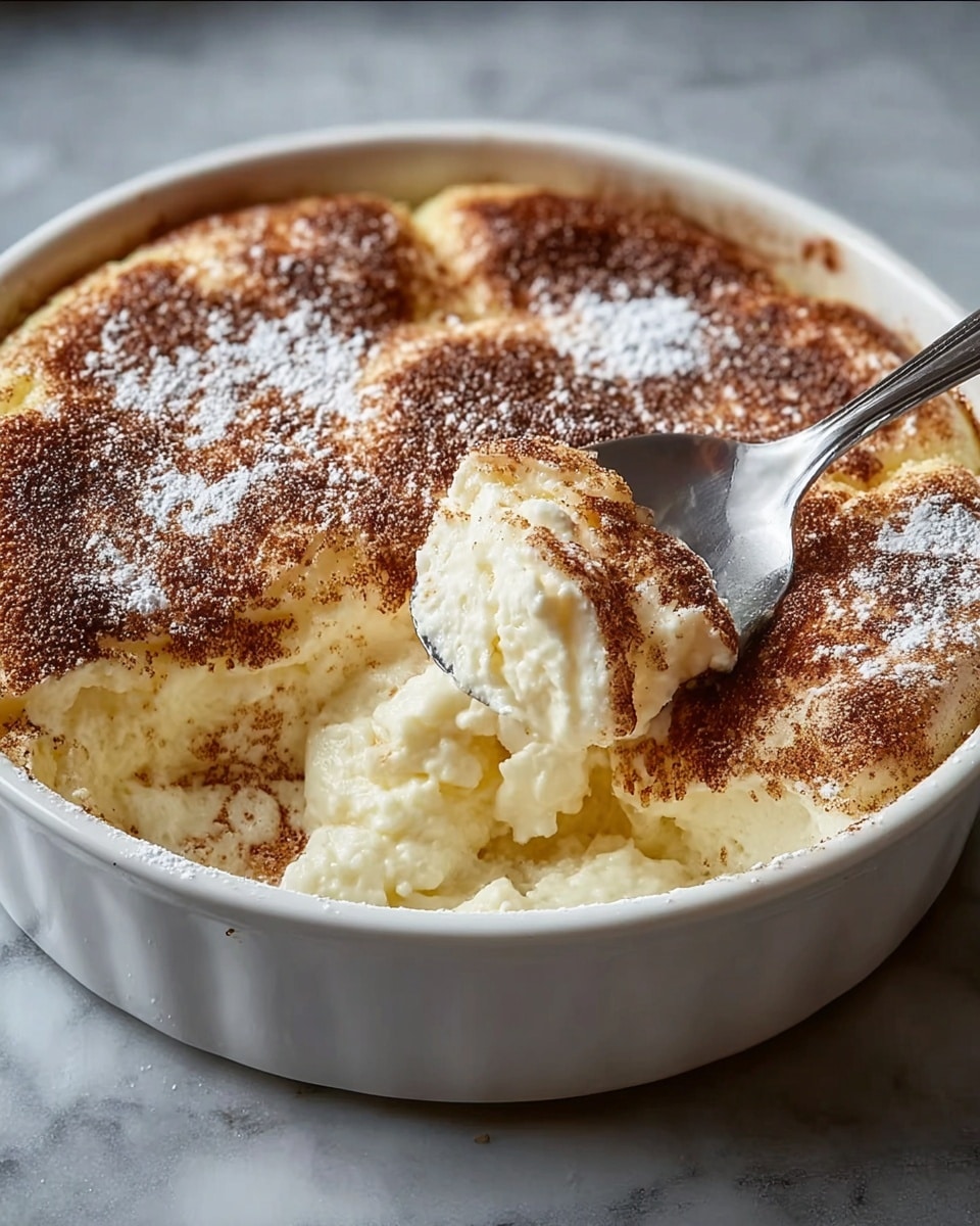 A white round dish filled with a light, fluffy, creamy baked dessert showing two layers: the bottom layer is soft and smooth with a pale cream color, while the top layer is airy and slightly browned with a dusting of brown cinnamon and white powdered sugar scattered unevenly. A silver spoon scoops out a small portion from the side, holding a creamy piece with a fluffy texture. The dish sits on a white marbled surface. photo taken with an iphone --ar 4:5 --v 7