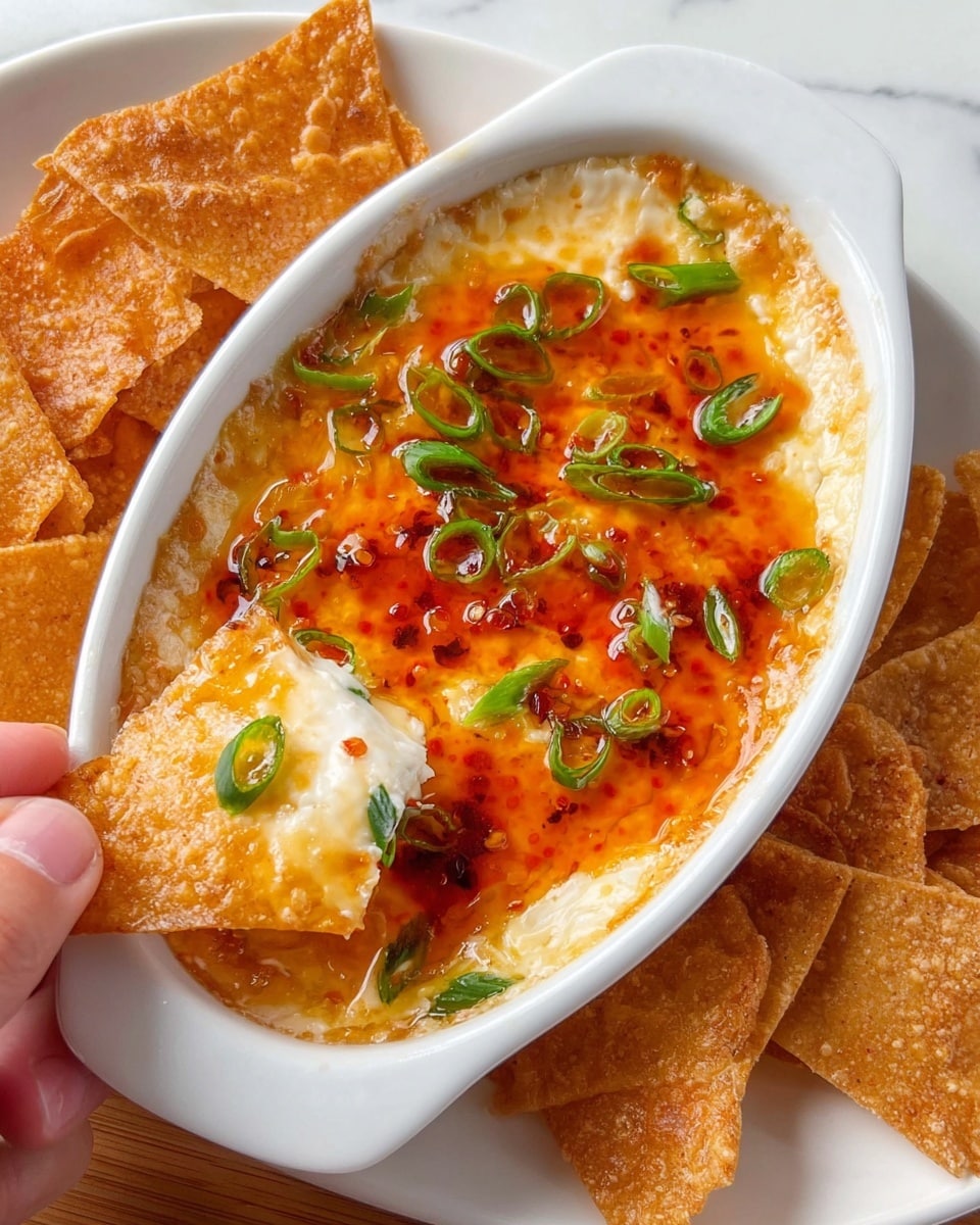 The image shows a white oval dish filled with a layered dip. The bottom layer is creamy and light beige, with a smooth texture visible where a crispy golden-brown triangular chip is dipped in, held by a woman's hand. On top of this is a bright orange, glossy layer of sweet chili sauce scattered with small pieces of red chili and green chopped scallions. Around the dish, on a white plate, are more triangular, golden, crispy chips, some also sprinkled with chopped scallions. The whole setup is placed on a white marbled surface. Photo taken with an iphone --ar 4:5 --v 7