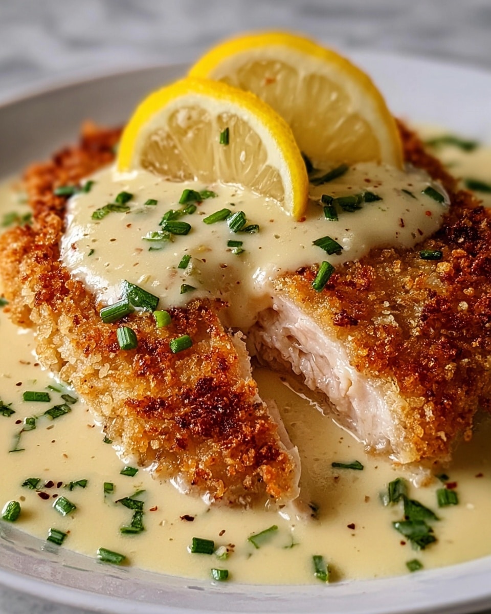 A white plate holds a crispy golden-brown fried fillet broken to show tender white meat inside, covered partly with a creamy pale yellow sauce sprinkled with small green herbs. On top, two bright yellow lemon wedges rest on the sauce, adding a fresh look. The sauce also pools around the base of the fillet on the plate, dotted with more green herbs. The scene is set on a white marbled texture background. photo taken with an iphone --ar 4:5 --v 7