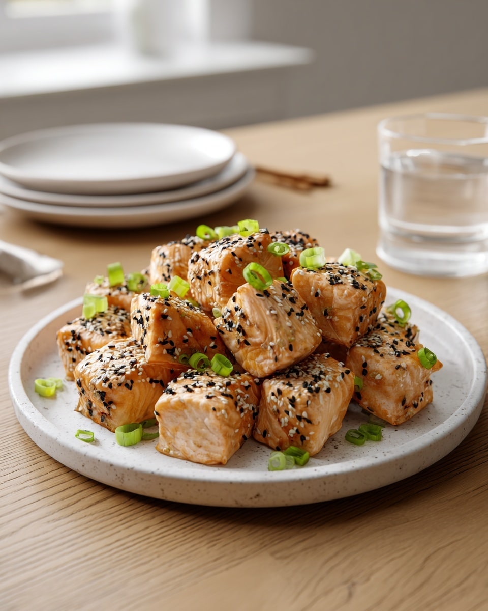 On a round white plate, there is a pile of about twelve golden-brown cooked cubes of salmon, each topped with a mix of black and white sesame seeds. Scattered over and around the salmon cubes are small green slices of scallions, adding bright green spots against the salmon's warm color. The plate sits on a light wooden table with a blurry background featuring a white marbled texture and a transparent glass of water to the right. The texture of the salmon looks slightly crispy on the edges with a soft interior visible. photo taken with an iphone --ar 4:5 --v 7