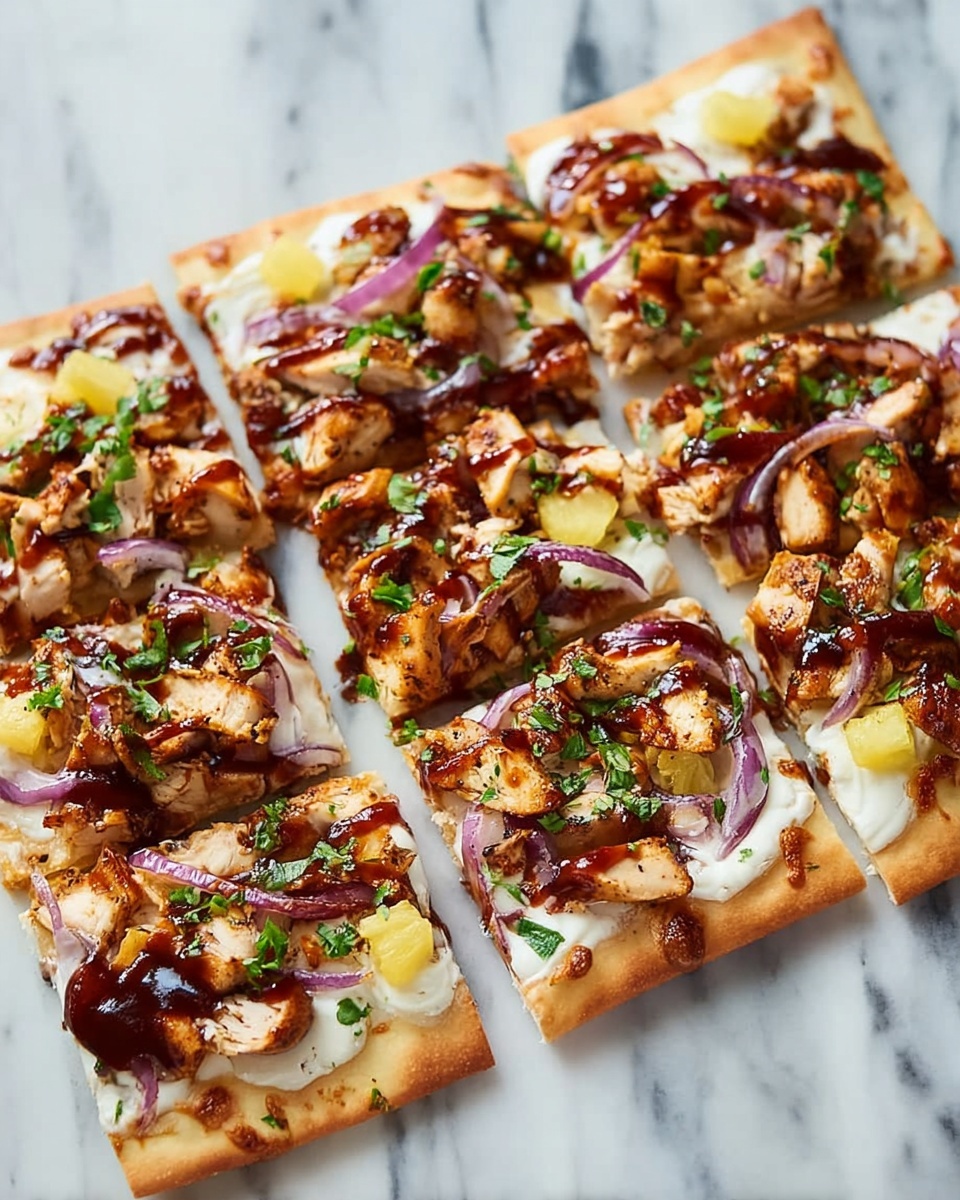 A rectangular flatbread pizza cut into six square pieces sits on a white marbled surface. The base is a thin, golden-brown crust with a layer of melted, creamy white cheese spread evenly. On top, there are chunks of grilled chicken coated in dark, glossy barbecue sauce, scattered pieces of red onion rings, small yellow pineapple bits, and dollops of white cheese. Fresh green parsley leaves are sprinkled across the pizza, adding a touch of color and freshness. The edges of the crust are slightly crisp and browned. photo taken with an iphone --ar 4:5 --v 7