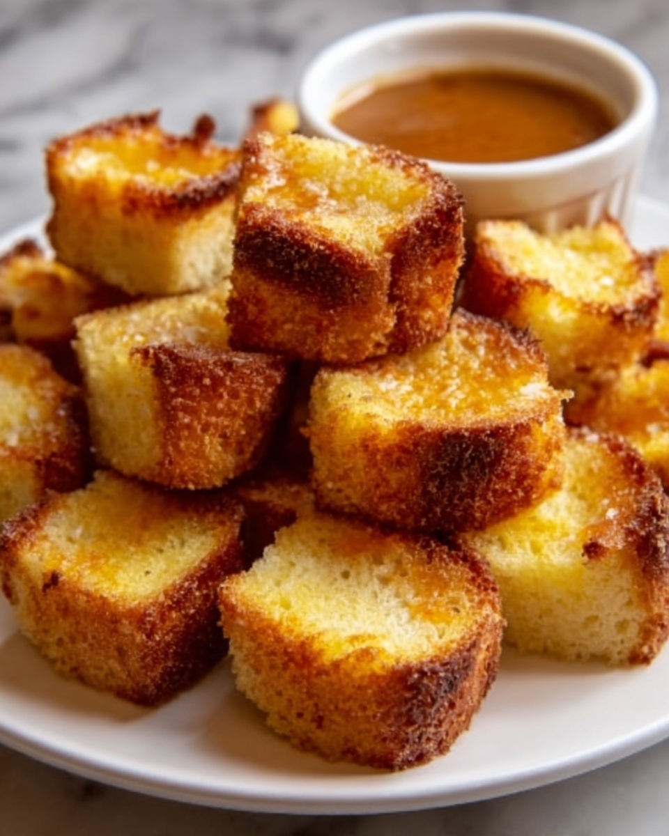 A white plate holds a neat pile of bite-sized golden brown bread cubes, each cube showing a crispy, toasted outer layer with a soft, slightly eggy yellow inside. The cubes are stacked randomly but attractively, showing different angles of the crunchy texture and smooth interior. A small white bowl with a rich, warm brown dipping sauce sits beside the bread cubes on the plate. The background is a white marbled surface, adding a clean and bright look to the image. photo taken with an iphone --ar 4:5 --v 7