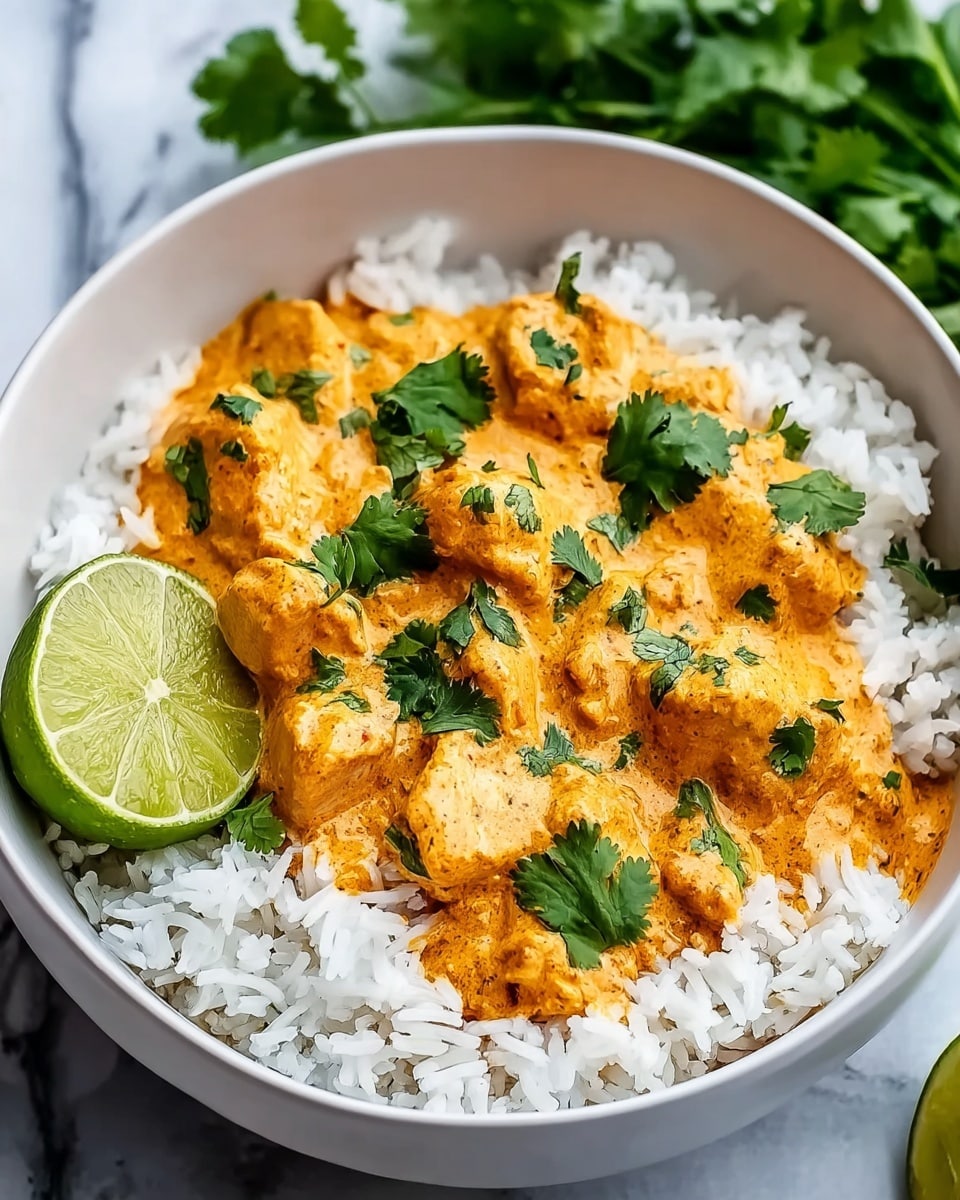 A white bowl filled with a layer of white fluffy rice at the bottom, topped with a creamy orange curry containing chunks of tender chicken. Bright green cilantro leaves are scattered on top of the curry for a fresh touch. A half lime with a vibrant green color rests on the edge of the bowl. The bowl is placed on a white marbled surface with some blurred green leaves in the background, photo taken with an iphone --ar 4:5 --v 7