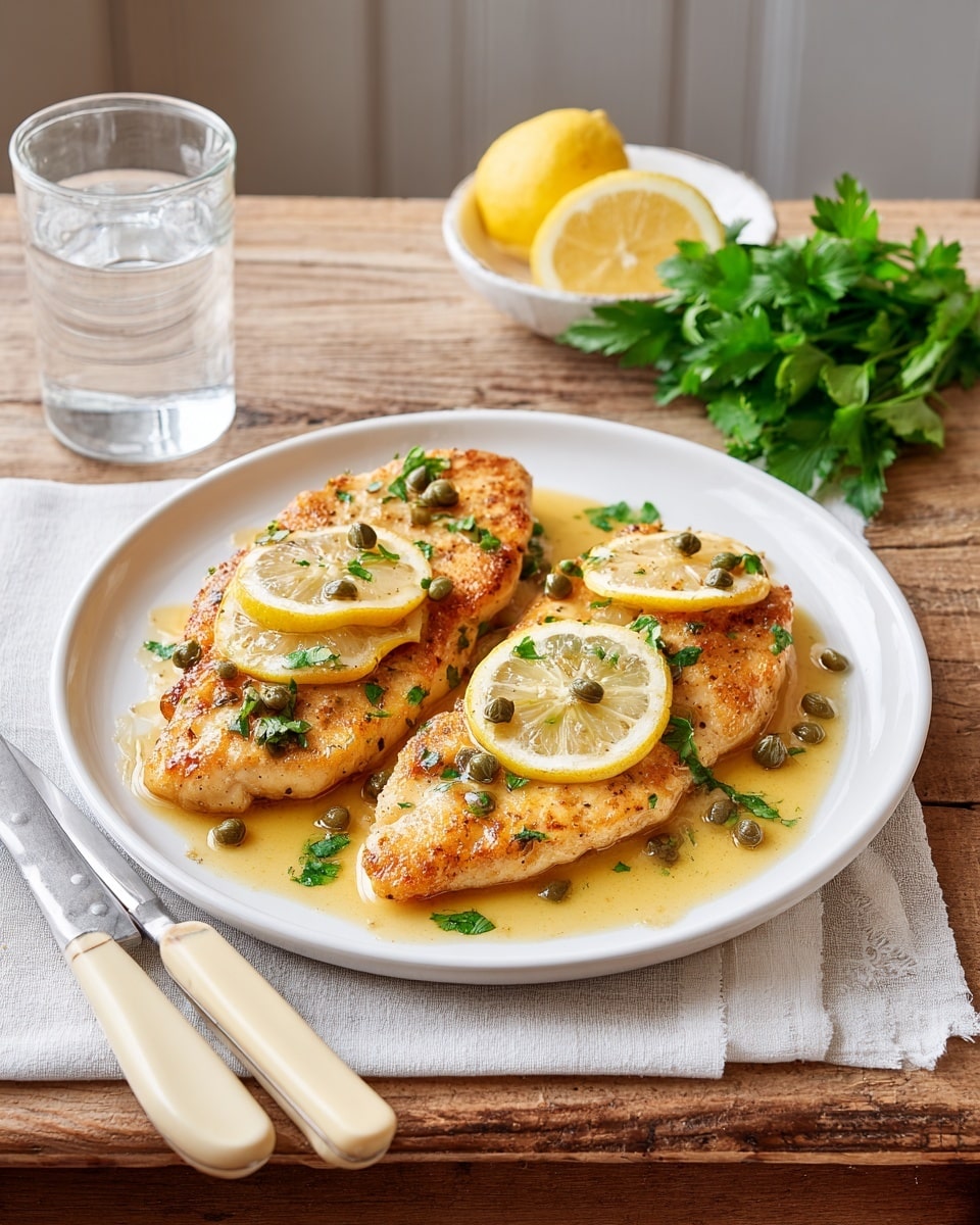 The image shows a white plate with three golden-brown cooked chicken breasts arranged in a slightly overlapping manner. Each piece has a crispy texture and is garnished with small green herbs and capers scattered on top. On the chicken slices are thin lemon slices adding a bright yellow color, while fresh green parsley is placed on the right side of the plate. The chicken rests in a light, shiny lemon sauce pooling around the base. The plate is set on a wood-textured table with a white cloth napkin beside it, holding a knife and fork with white handles. In the background, there is a clear glass of water and a small white bowl containing lemon wedges, all on a white marbled surface. photo taken with an iphone --ar 4:5 --v 7