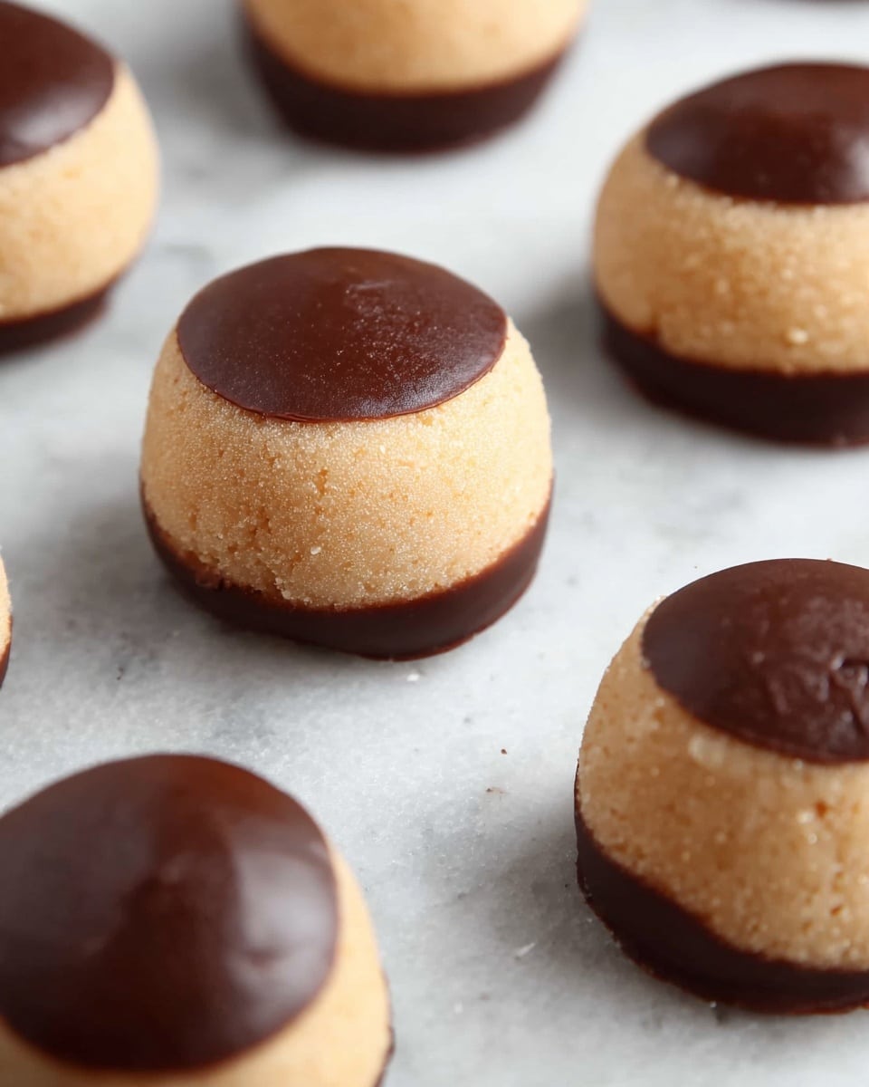 The image shows several round treats with two layers: the bottom half is covered in a smooth, dark chocolate coating with a shiny texture, while the top half is a light tan peanut butter layer with a slightly rough, soft surface. Each treat is placed on a white marbled surface, spaced evenly apart. The chocolate layer forms a clean, curved edge where it meets the peanut butter layer, giving a neat, dome-like shape to each piece. photo taken with an iphone --ar 4:5 --v 7