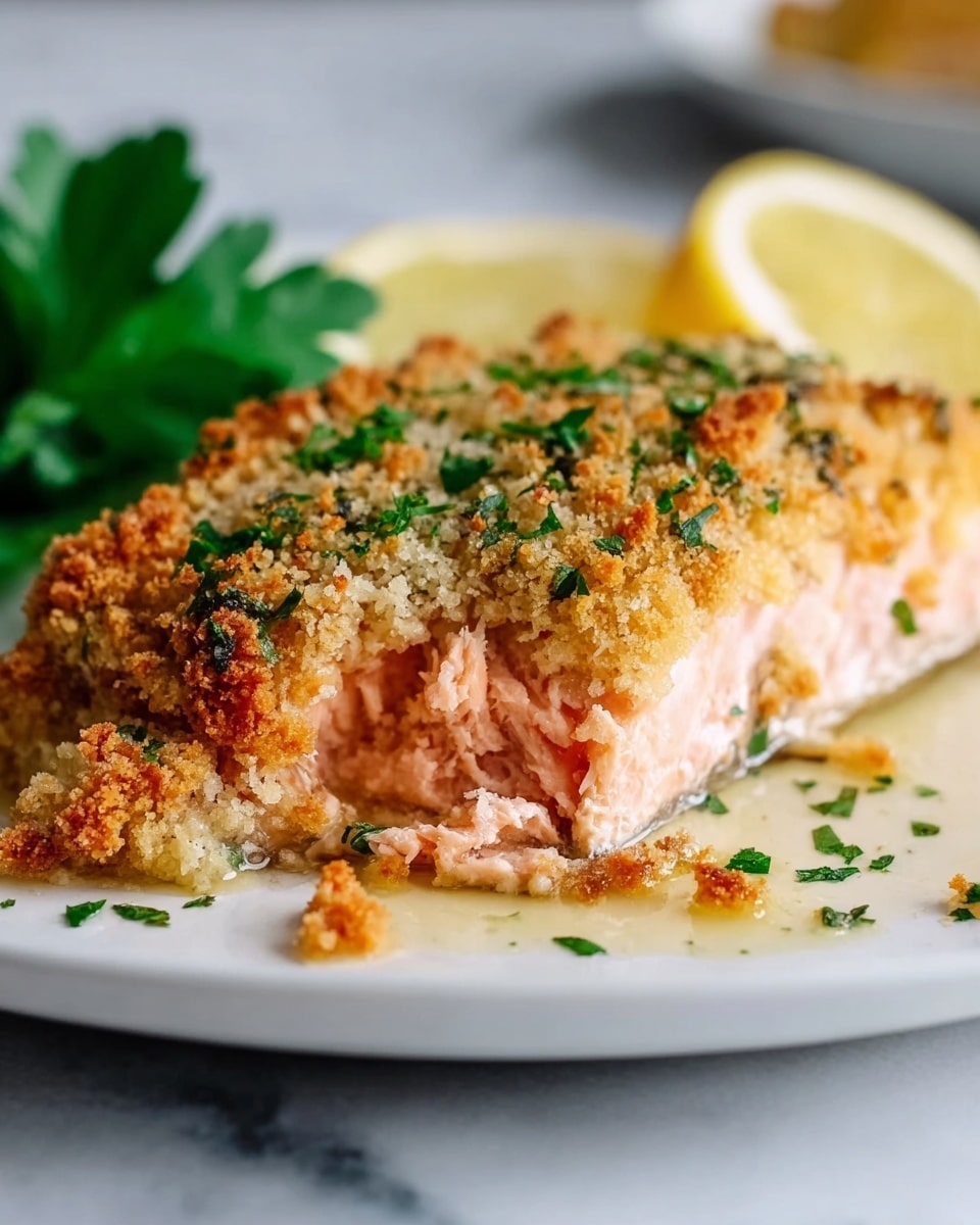A close-up of a white plate holding a piece of baked salmon with a thick golden brown breadcrumb crust on top, sprinkled with chopped green herbs. The salmon beneath is a moist, light pink color with a flaky texture visible where a piece has been taken. Around the salmon are small bits of crispy crust and some liquid, likely melted butter or sauce. In the background, there are blurred slices of lemon and a green leafy garnish. The plate sits on a white marbled textured surface. photo taken with an iphone --ar 4:5 --v 7