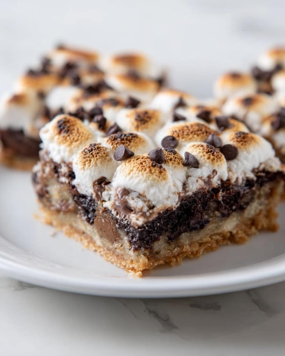 A square dessert bar placed in the center of a simple white plate, showcasing three distinct layers: the bottom layer is a light golden-brown crumbly crust, the middle layer is a thick, rich, dark chocolate filling with a dense and moist texture, and the top layer consists of toasted mini marshmallows scattered unevenly with melted chocolate chips embedded within, creating a gooey and slightly browned surface. The plate sits on a white marbled surface. photo taken with an iphone --ar 4:5 --v 7