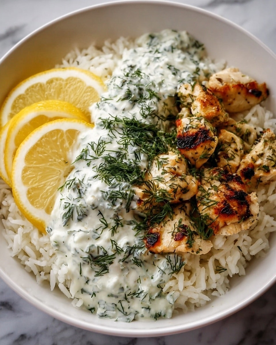 The image shows a dish with three main layers on a white bowl. The bottom layer is fluffy white rice with small bits of green herbs mixed in. On top of the rice, there are grilled chicken pieces cut into cubes, with a golden-brown color and some black grill marks. The chicken pieces are scattered over the rice and garnished with fresh green dill. Next to the chicken, there is a creamy white sauce with visible chopped green herbs mixed inside, covering part of the rice. Two bright yellow lemon wedges are placed on the side, partly resting on the rice and sauce. The overall presentation is neat, vibrant, and fresh, set against a white marbled background. photo taken with an iphone --ar 4:5 --v 7
