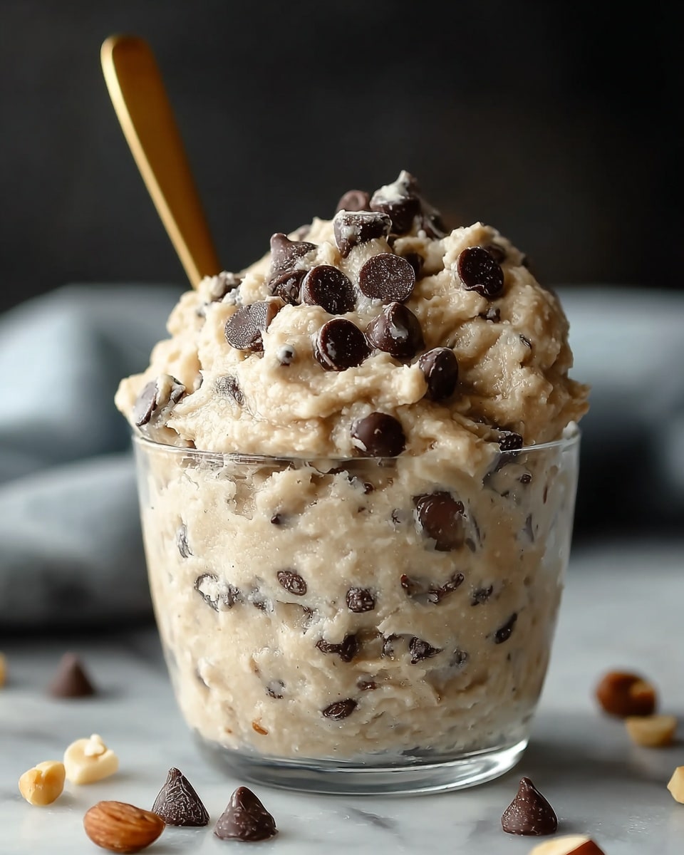 A clear glass cup filled with thick, creamy dough-like mixture that is light beige with visible small dark brown chocolate chips folded throughout. The dough is heaped above the rim in a rough, uneven mound, topped with a generous layer of larger, smooth, round dark chocolate chips. A gold spoon is stuck into the dough at the back left of the cup. Around the cup on a white marbled surface are several scattered milk chocolate chips and small pieces of nuts. The background is blurred and dark, making the cup and its contents the clear focus. photo taken with an iphone --ar 4:5 --v 7