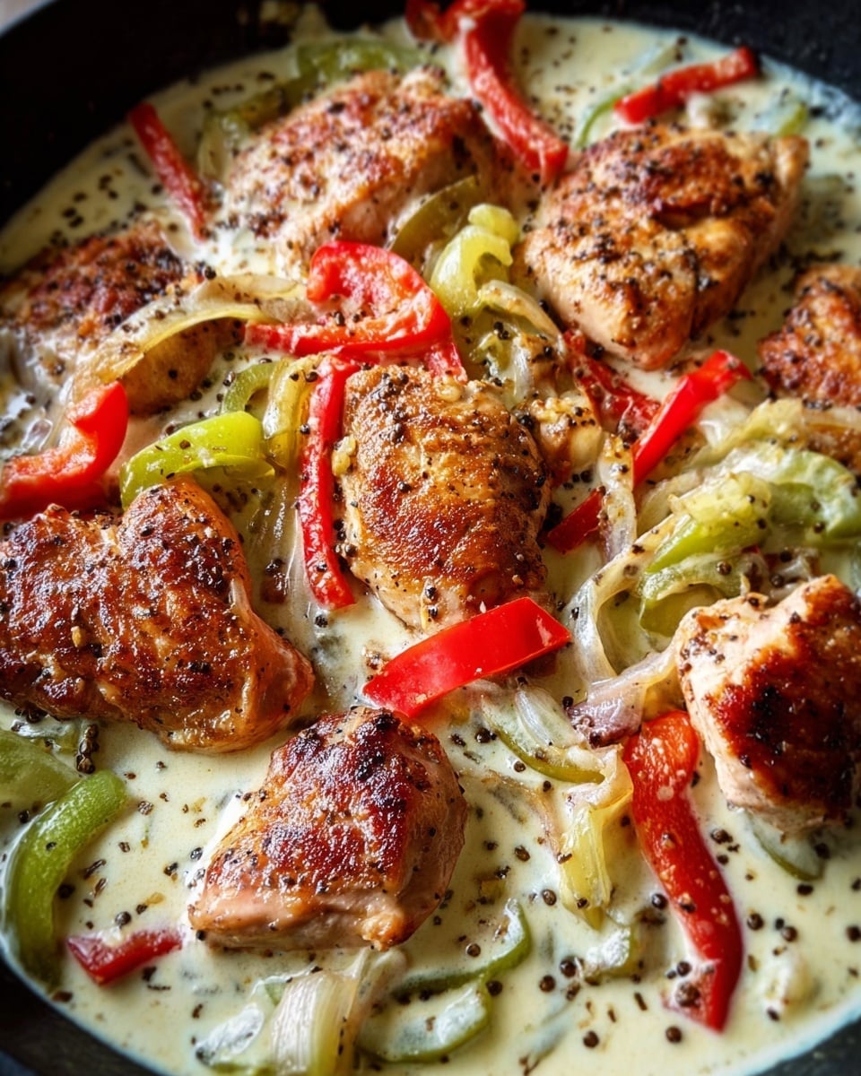 The image shows a close-up of a cooked dish in a pan with several golden-brown grilled chicken pieces spread evenly, each piece showing a slightly crispy texture on top. The chicken is covered in a creamy white sauce speckled with black pepper. Interspersed around the chicken are sliced light green peppers and strips of red bell pepper, adding contrasting colors. The sauce pools around the bottom, giving a glossy look to the dish. The pan edges and the white marbled surface underneath are partially visible in the background. photo taken with an iphone --ar 4:5 --v 7
