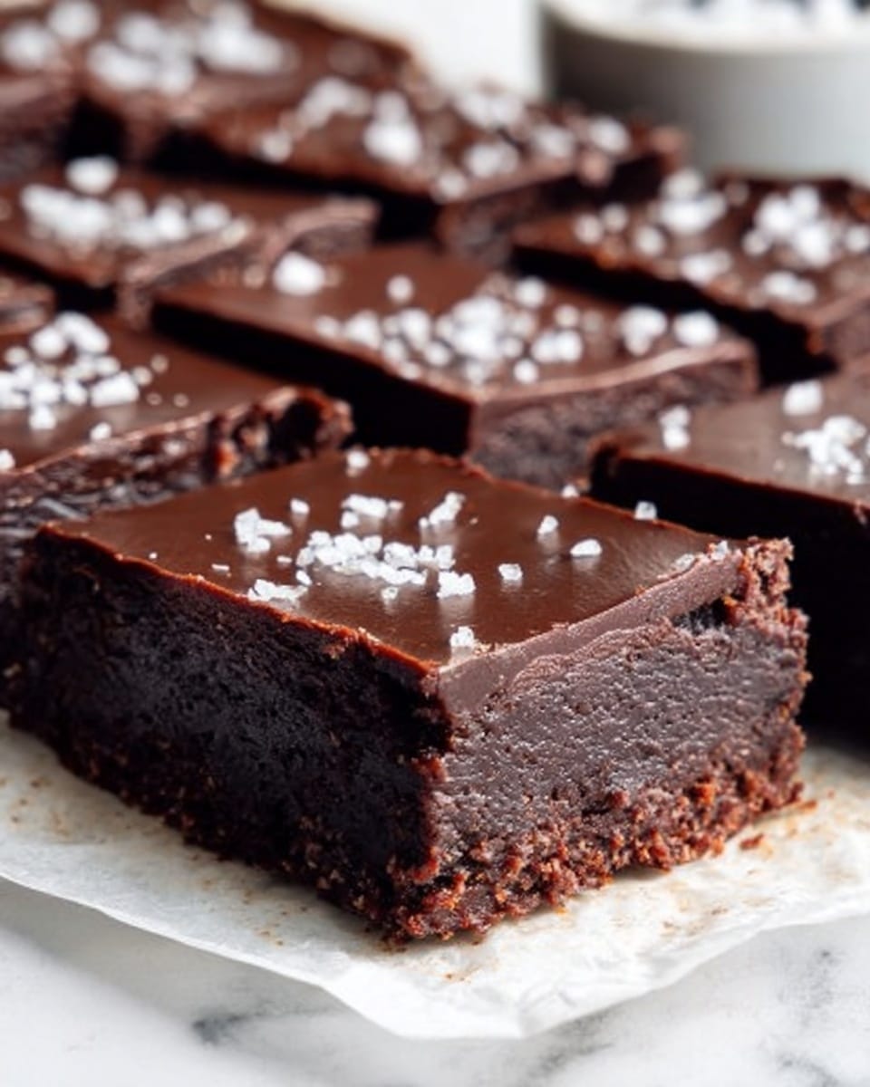 The image shows a close-up of rich, dark chocolate brownies cut into neat square pieces, arranged in a single layer on white parchment paper. Each brownie has a smooth, glossy chocolate top with a slightly thicker layer of chocolate frosting sprinkled lightly with coarse sea salt. The texture of the brownie below the frosting looks dense and moist with a deep dark brown color. The brownies sit on a white marbled surface, and a corner piece is slightly pulled out showing a clean cut edge. Photo taken with an iphone --ar 4:5 --v 7