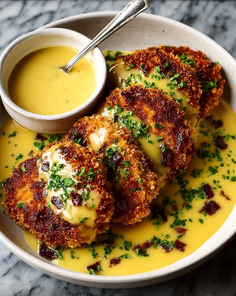 A white plate holds crispy, golden-brown breaded chicken pieces sliced into thick sections and arranged in a line, resting in a smooth, creamy yellow sauce that spreads across the bottom of the plate. The chicken is topped with small bits of dark brown bacon and sprinkled with finely chopped green herbs. Next to the chicken is a small white bowl filled with more of the yellow sauce, with a silver spoon inside. The whole scene is set on a white marbled surface. photo taken with an iphone --ar 4:5 --v 7