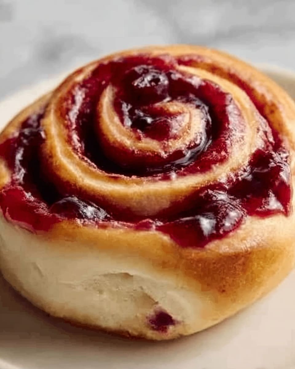 A close-up image of a cinnamon roll with a swirl pattern, covered in a shiny, dark red berry sauce that drips slightly down the sides. The roll itself is light golden brown with a soft, fluffy texture visible in the layers. The white marbled surface beneath the pastry adds contrast to the rich colors of the roll and sauce. photo taken with an iphone --ar 4:5 --v 7