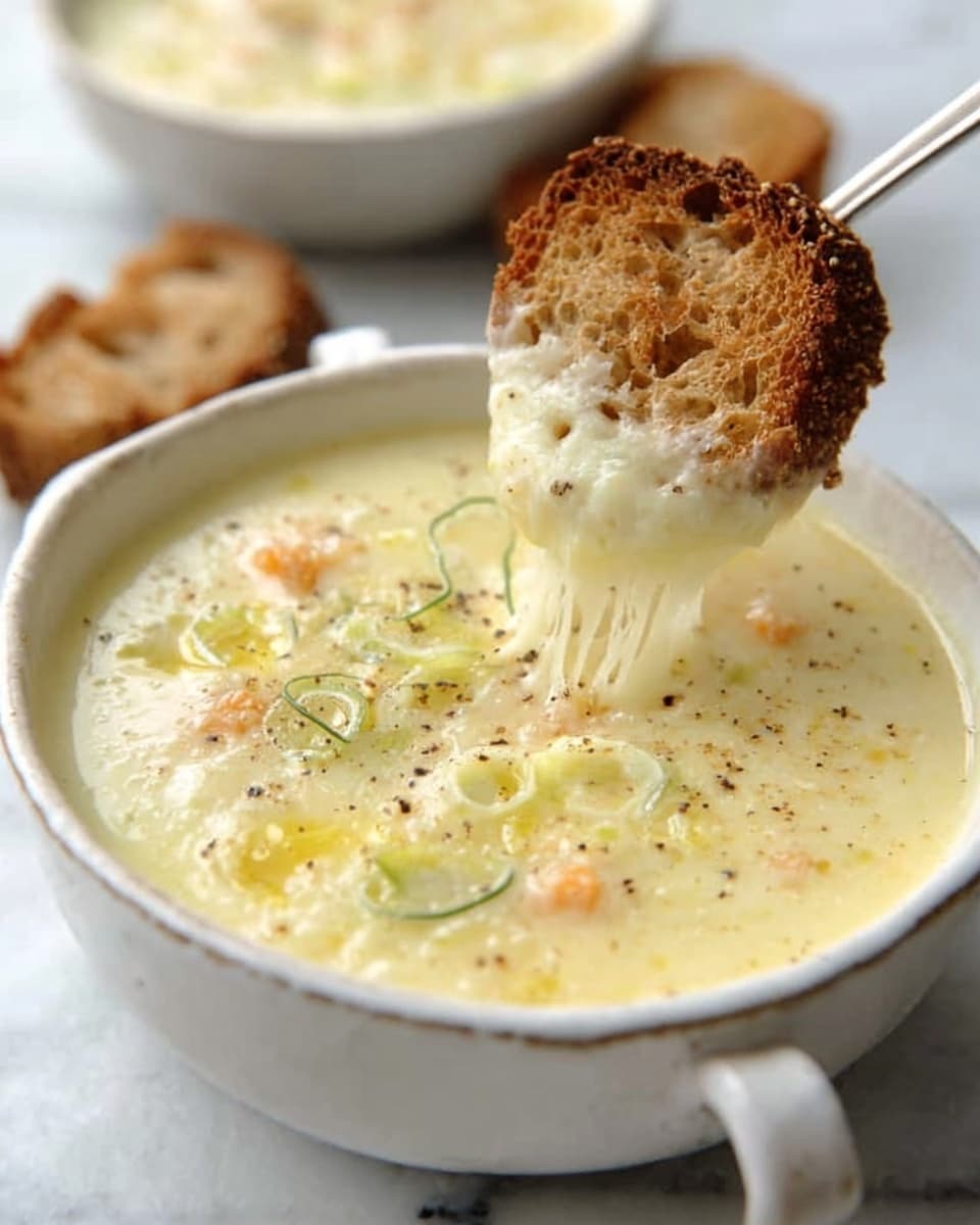 A thick creamy soup with a smooth pale yellow base fills a white cup, topped with thin green slices of scallion and small piles of shredded light yellow cheese sprinkled with black pepper. A crusty piece of brown bread with a rough texture is being dipped into the soup, showing the creamy soup clinging to it. The scene is set on a white marbled surface with other similar white cups partially visible. photo taken with an iphone --ar 4:5 --v 7