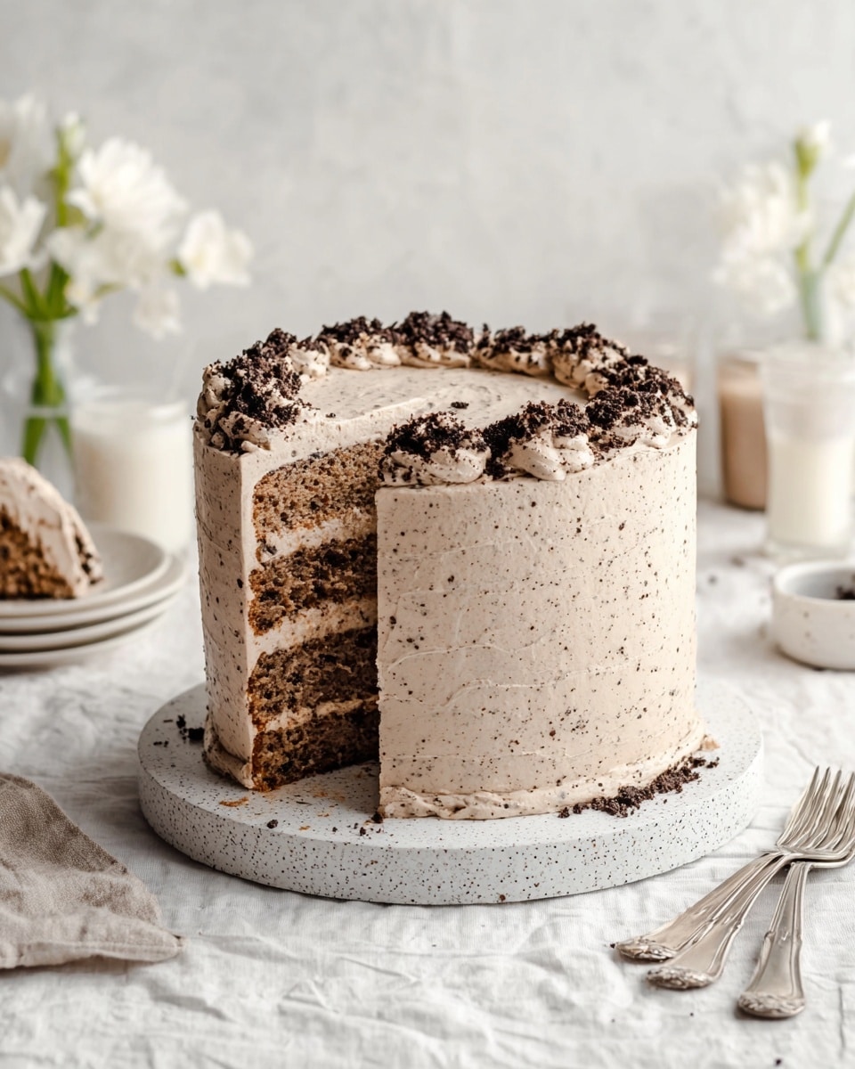 The image shows a tall, three-layer cake on a white speckled board, sitting on a white marbled surface. Each layer of the cake has a light brown color with dark specks inside, indicating cookies or chocolate bits mixed into the cake. Between each layer and on the outside is a thick frosting with a similar light brown, creamy texture, mixed with small dark crumbs. The top of the cake has a border of crushed dark crumbs. Two slices of the cake are served on white plates nearby, and the background has some utensils in a clear glass jar and a soft white flower arrangement. The whole setting is bright and clean with soft lighting. Photo taken with an iphone --ar 4:5 --v 7