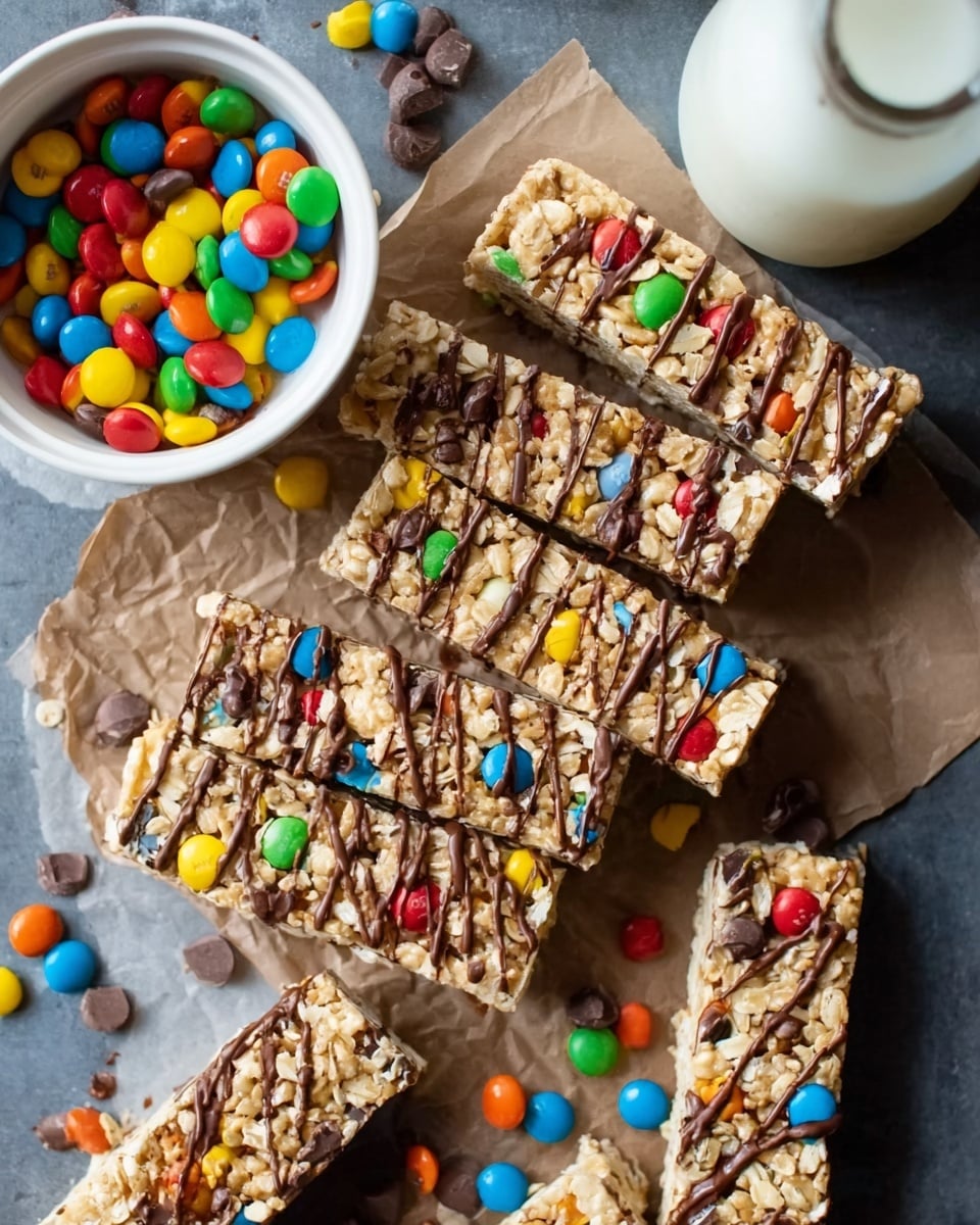 The image shows several granola bars stacked on a white marbled surface covered with brown paper. Each granola bar has two visible layers: the base layer is light tan with a rough oat and nut texture, and the top is decorated with colorful small candy pieces in red, blue, green, yellow, orange, and brown scattered throughout. The bars are drizzled with dark chocolate in thin stripes across the top. To the upper left, there is a white bowl filled with these colorful candies, and to the upper right, a white ceramic bottle is partially visible. photo taken with an iphone --ar 4:5 --v 7