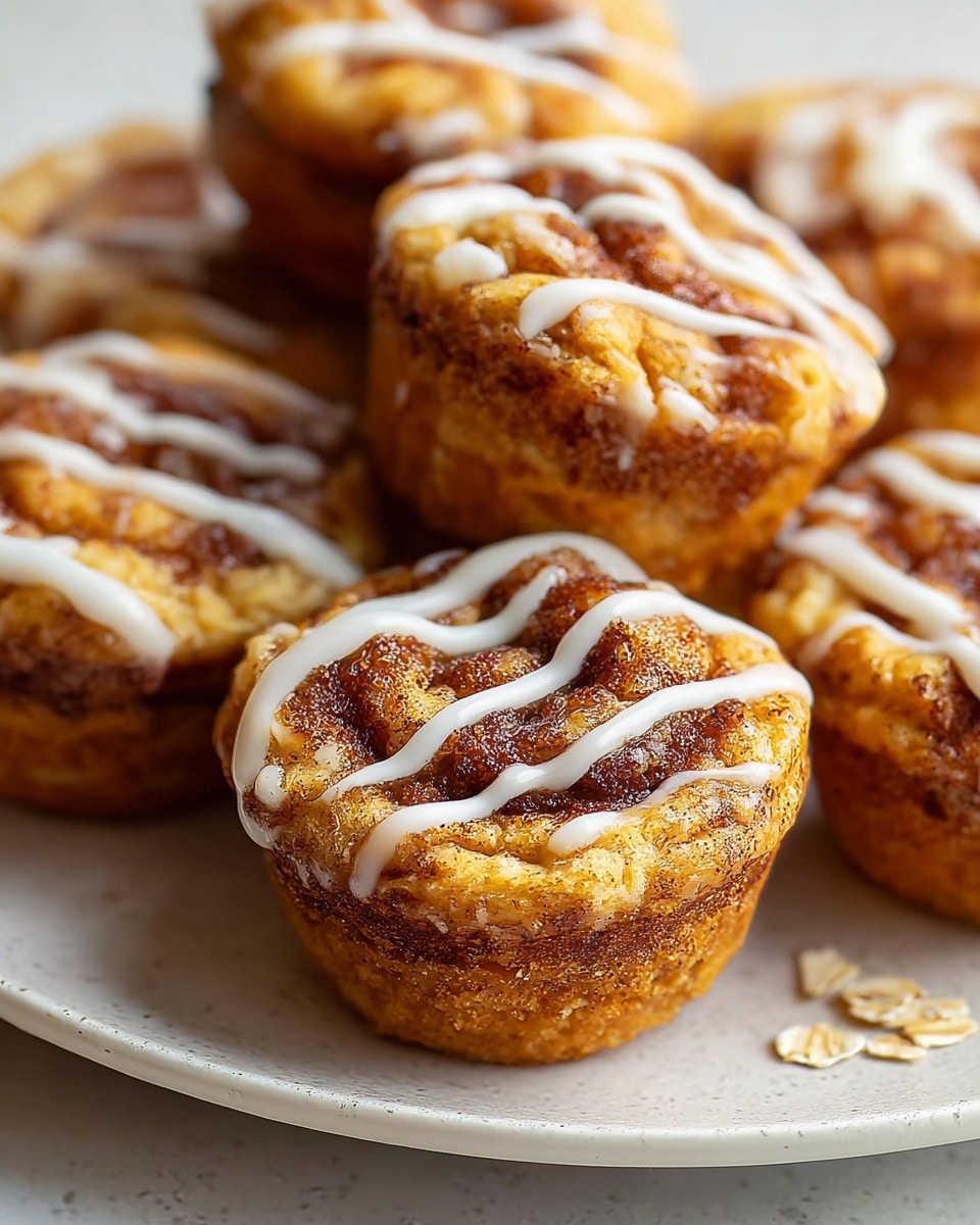 The image shows a close-up of four cinnamon muffins on a white plate placed on a white marbled surface. Each muffin has a golden-brown textured base and a rough, bubbly top with swirls of darker cinnamon color. The tops are decorated with thin, white icing lines drizzled unevenly over the muffins. There are also scattered oats on the plate near the muffins, adding a rustic touch. The background is softly blurred, focusing attention on the muffins' warm, inviting colors and moist texture. photo taken with an iphone --ar 4:5 --v 7