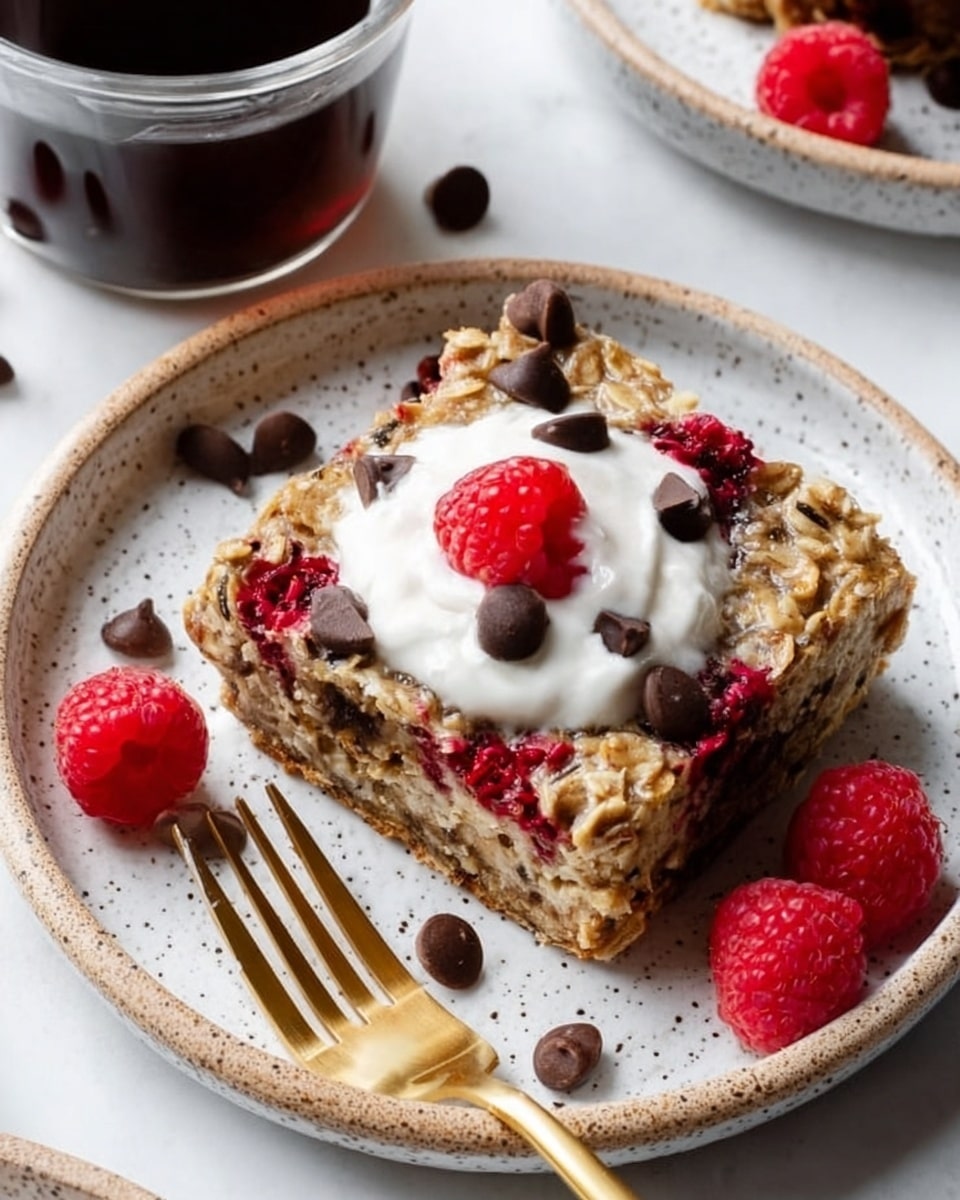 A square piece of baked oatmeal with visible oats and mixed raspberries covers the base. The top layer has a dollop of white cream in the center, adorned with a single red raspberry and several dark chocolate chips scattered around. Additional raspberries are placed on the white speckled plate, which has a golden fork resting partially under the oatmeal. In the upper left corner, there is a dark beverage in a glass cup. The dish is set on a white marbled surface. photo taken with an iphone --ar 4:5 --v 7