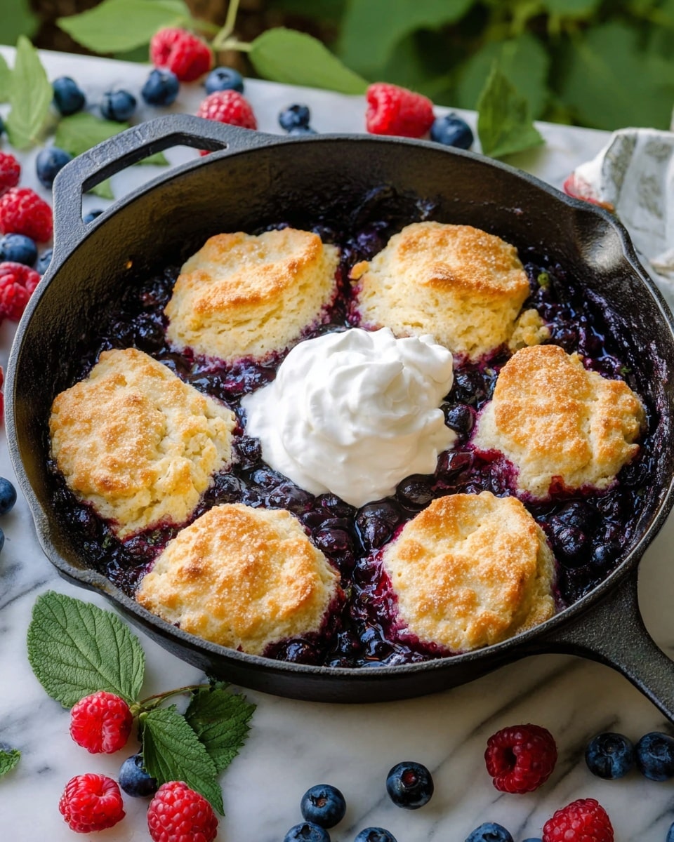 A round black cast iron skillet holds a warm blueberry cobbler, with six golden-brown biscuit pieces slightly cracked, placed evenly around the skillet's edge. Between the biscuits, deep blue and purple cooked blueberries bubble up, creating a glossy, juicy layer beneath. In the center sits a generous dollop of smooth, white whipped cream, contrasting with the rich fruit below and the light biscuit tops. Around the skillet, fresh blueberries and raspberries rest on a white marbled tabletop, adding a natural, fresh touch to the scene. Photo taken with an iphone --ar 4:5 --v 7