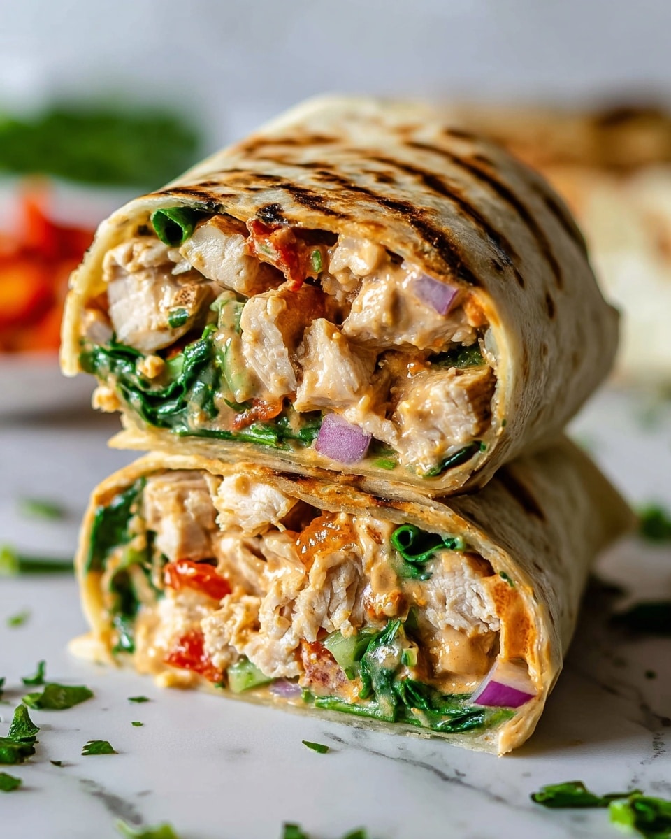 Two halves of a wrap stacked on a white marbled surface, each showing layers inside starting with a light beige grilled tortilla with light brown grill marks on the outside, followed by thick pieces of cooked chicken with a light brown and slightly orange hue in the middle, mixed with small chunks of bright green leafy greens and darker green cucumber pieces, diced red onions in purple color, and small pieces of orange tomato, all coated in a creamy orange sauce that slightly drips, giving a fresh and colorful look. Photo taken with an iphone --ar 4:5 --v 7