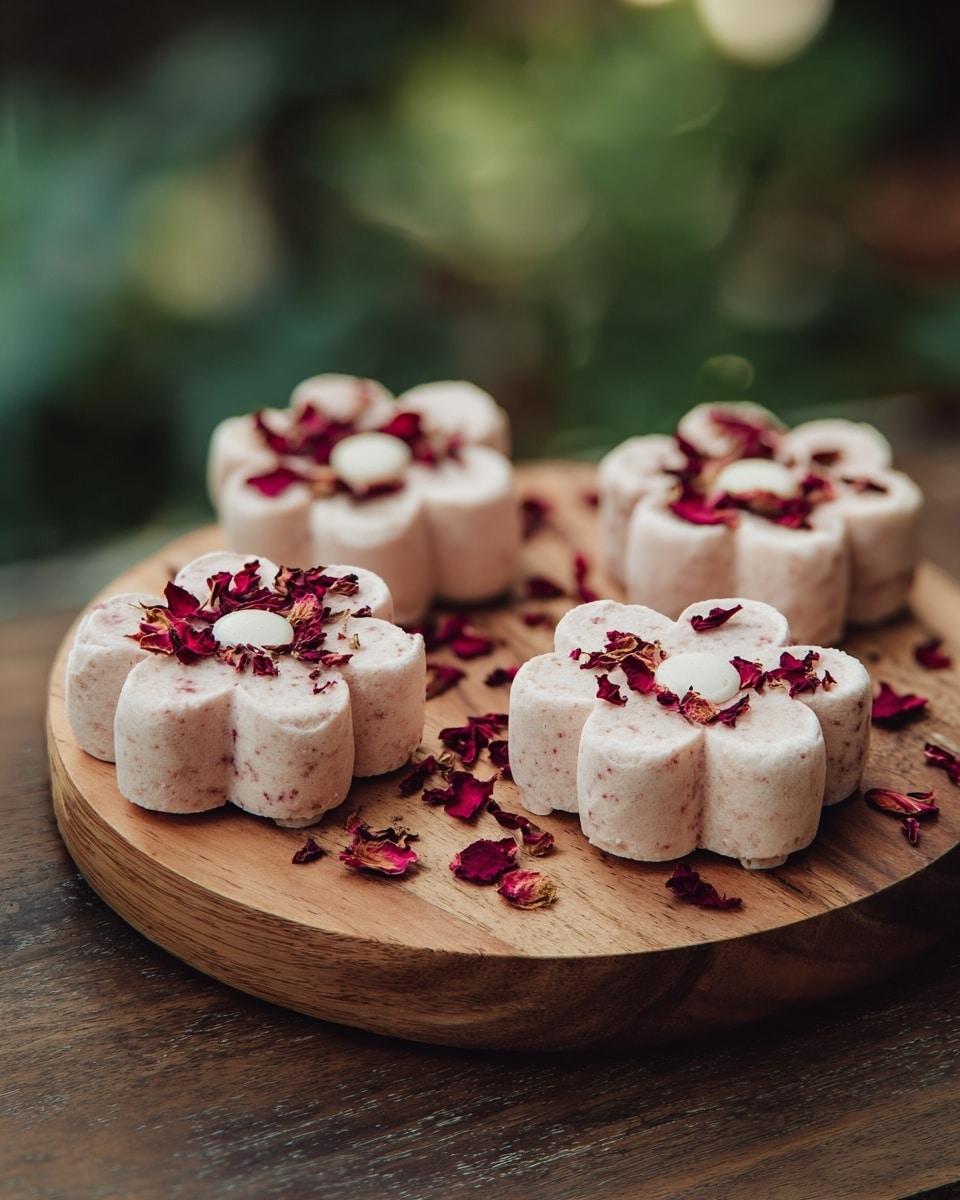Four light pink flower-shaped treats sit on a round wooden board with a natural texture and grain. Each treat has a smooth, slightly coarse texture and is topped with scattered dark red rose petals. In the center of each flower shape, there is a small white round element. The background is blurred with green and brown colors, and the wooden board contrasts softly with the delicate flowers. photo taken with an iphone --ar 4:5 --v 7