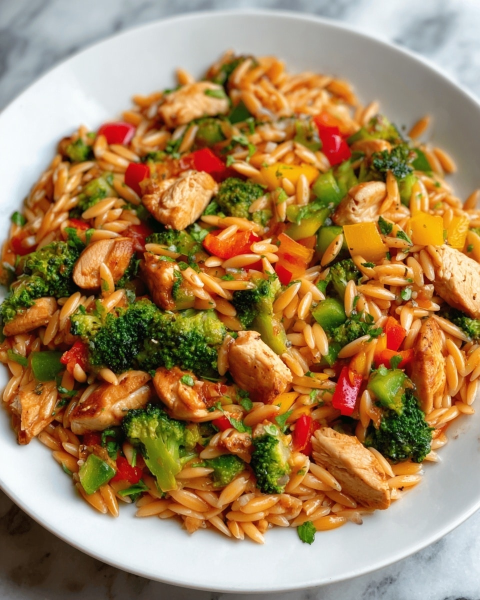 A white plate filled with a colorful mix of orzo pasta and pieces of cooked chicken breast. The orzo is a light golden color, small and grain-shaped, spread evenly on the plate. Mixed in are bright green broccoli florets and chunks of red and yellow bell peppers, adding vibrant red and yellow patches among the pasta. The chicken pieces are light brown with a slight char, scattered generously on top. The whole dish sits on a white marbled surface. photo taken with an iphone --ar 4:5 --v 7
